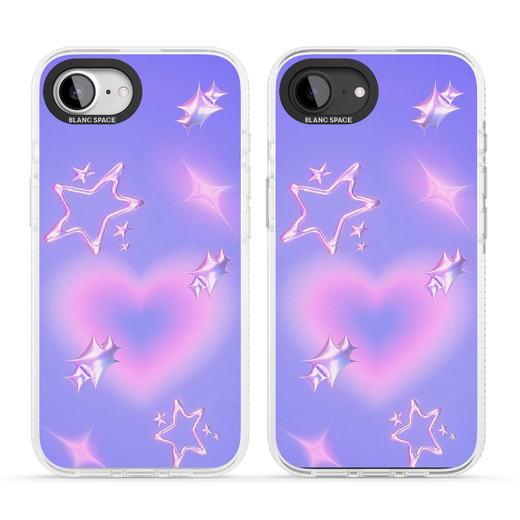 Soft Sugar Y2K iPhone case featuring iridescent chrome hearts, metallic pink stars and a lavender gradient sky | Clear Case Impact Air case for iPhone 16e, iPhone 17e