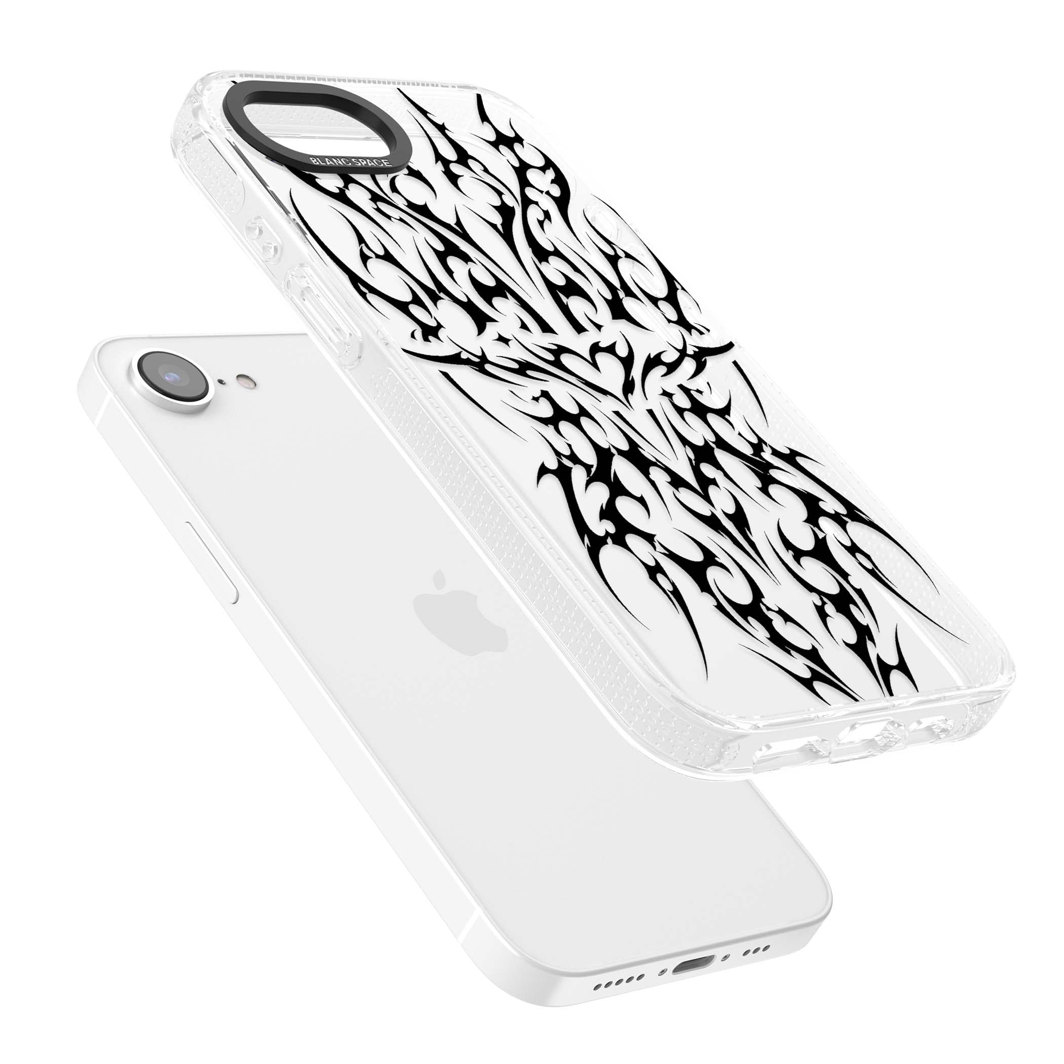 Neo Tribal Heart gothic iPhone case featuring symmetrical black tribal tattoo art with sharp thorn-like linework | Clear Case Impact Air case for iPhone 16e, iPhone 17e
