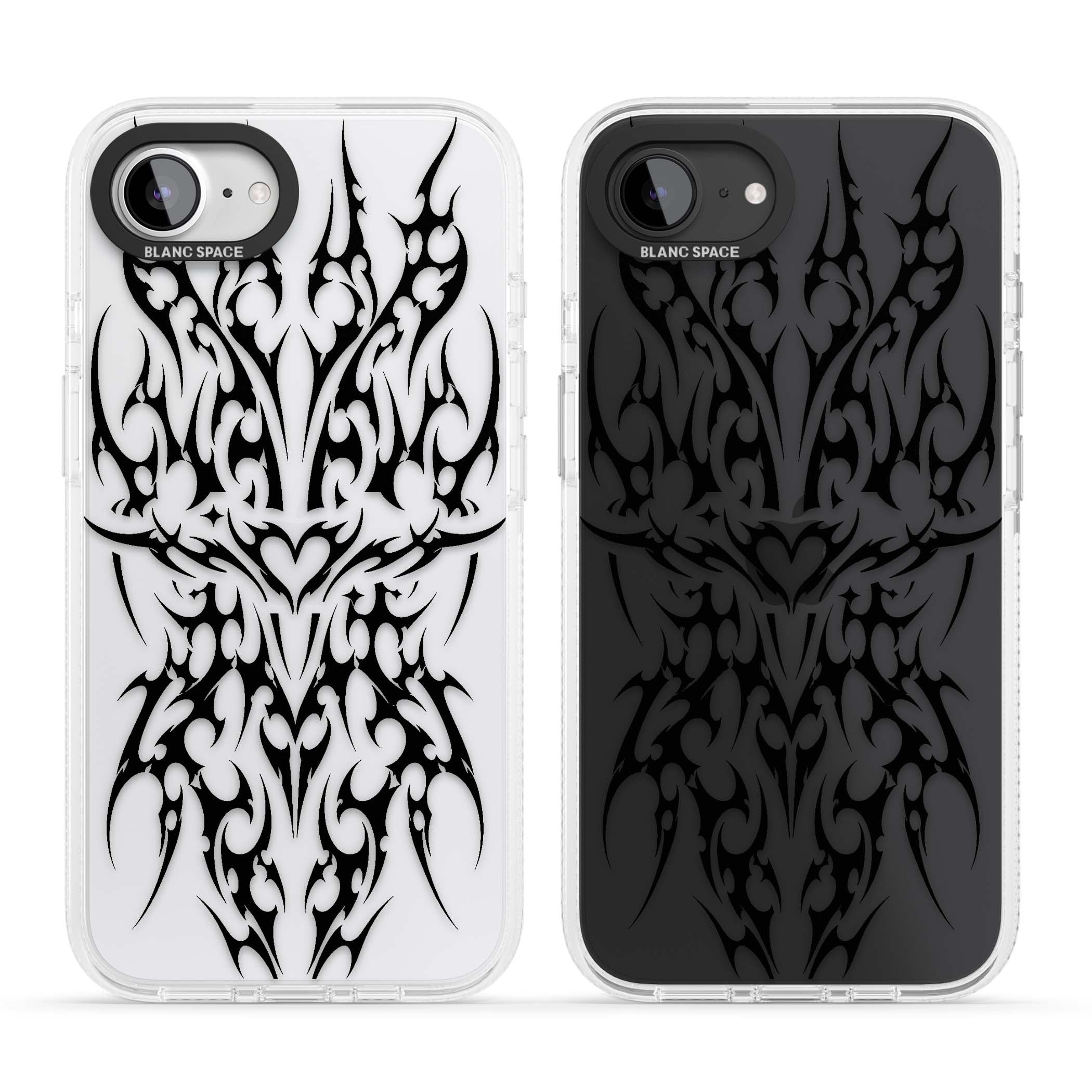Neo Tribal Heart gothic iPhone case featuring symmetrical black tribal tattoo art with sharp thorn-like linework | Clear Case Impact Air case for iPhone 16e, iPhone 17e
