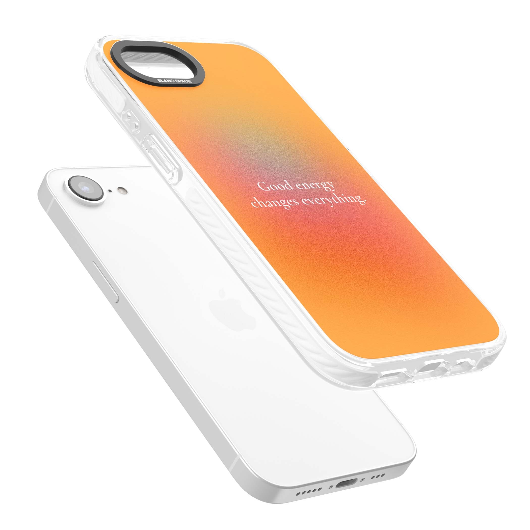 Good Energy quote iPhone case featuring an orange and pink aura gradient with white serif affirmation text | Clear Impact case for iPhone 16e, iPhone 17e