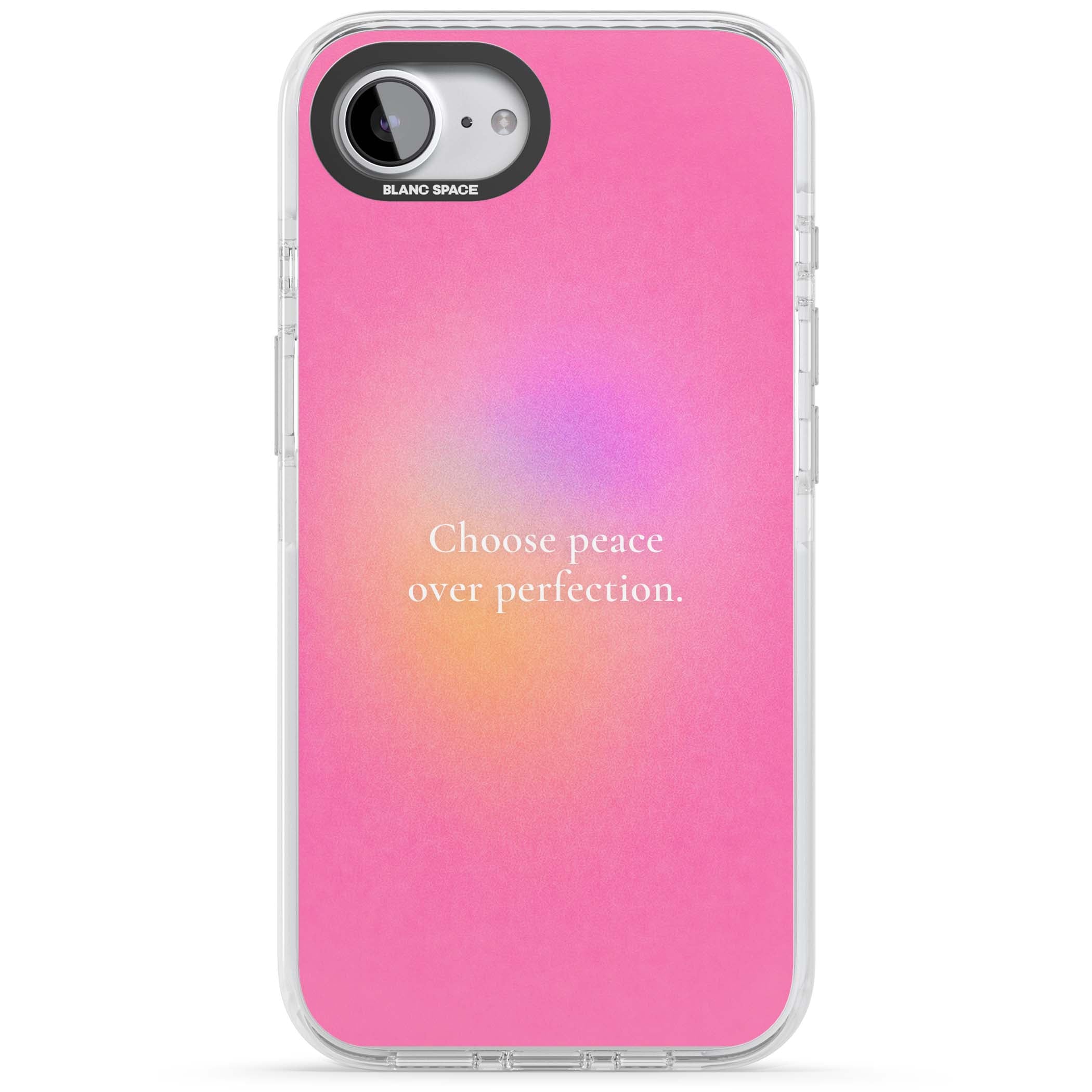 Peace Over Perfection quote iPhone case featuring a dreamy pink aura gradient and delicate white affirmation text | Clear Impact case for iPhone 16e, iPhone 17e