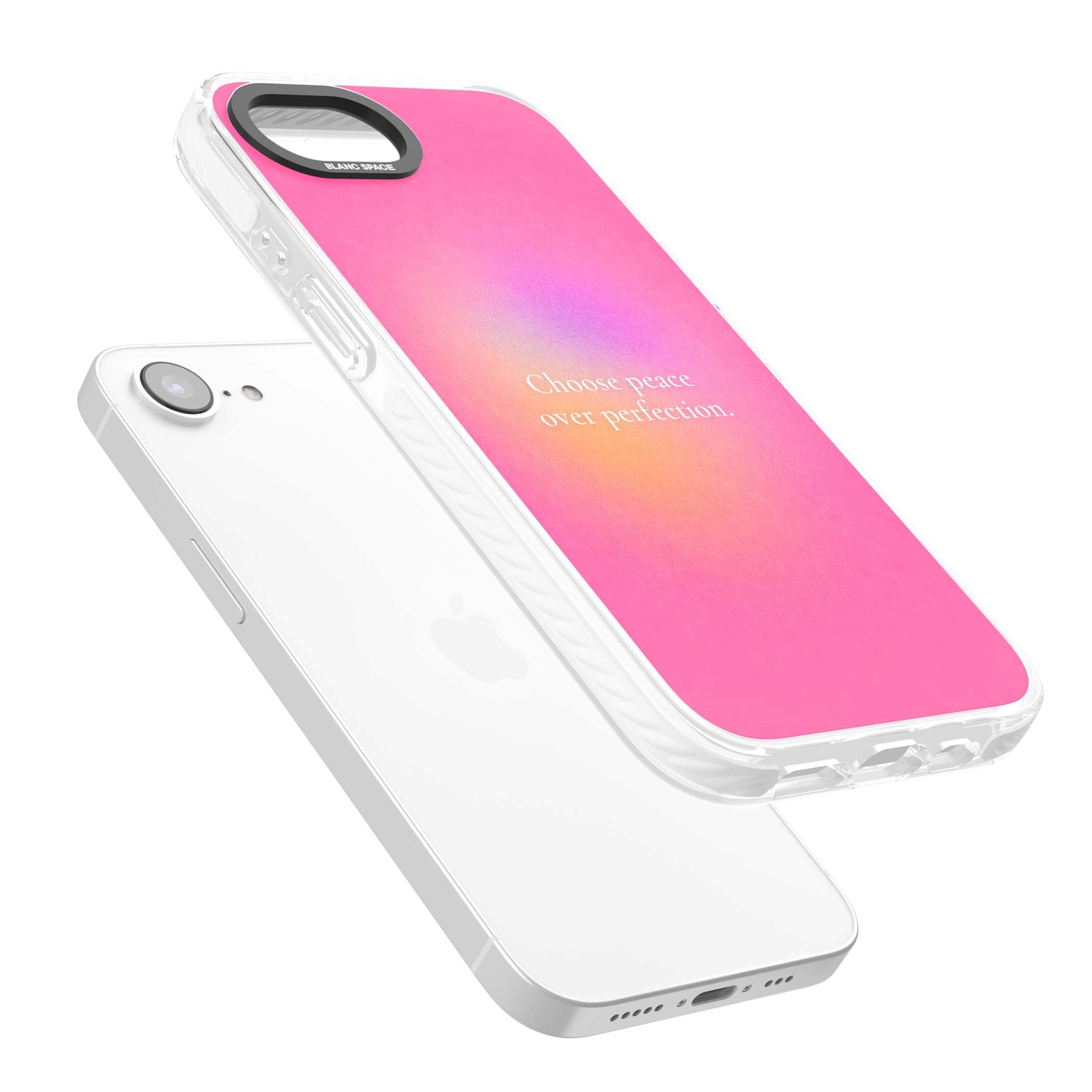 Peace Over Perfection quote iPhone case featuring a dreamy pink aura gradient and delicate white affirmation text | Clear Impact case for iPhone 16e, iPhone 17e