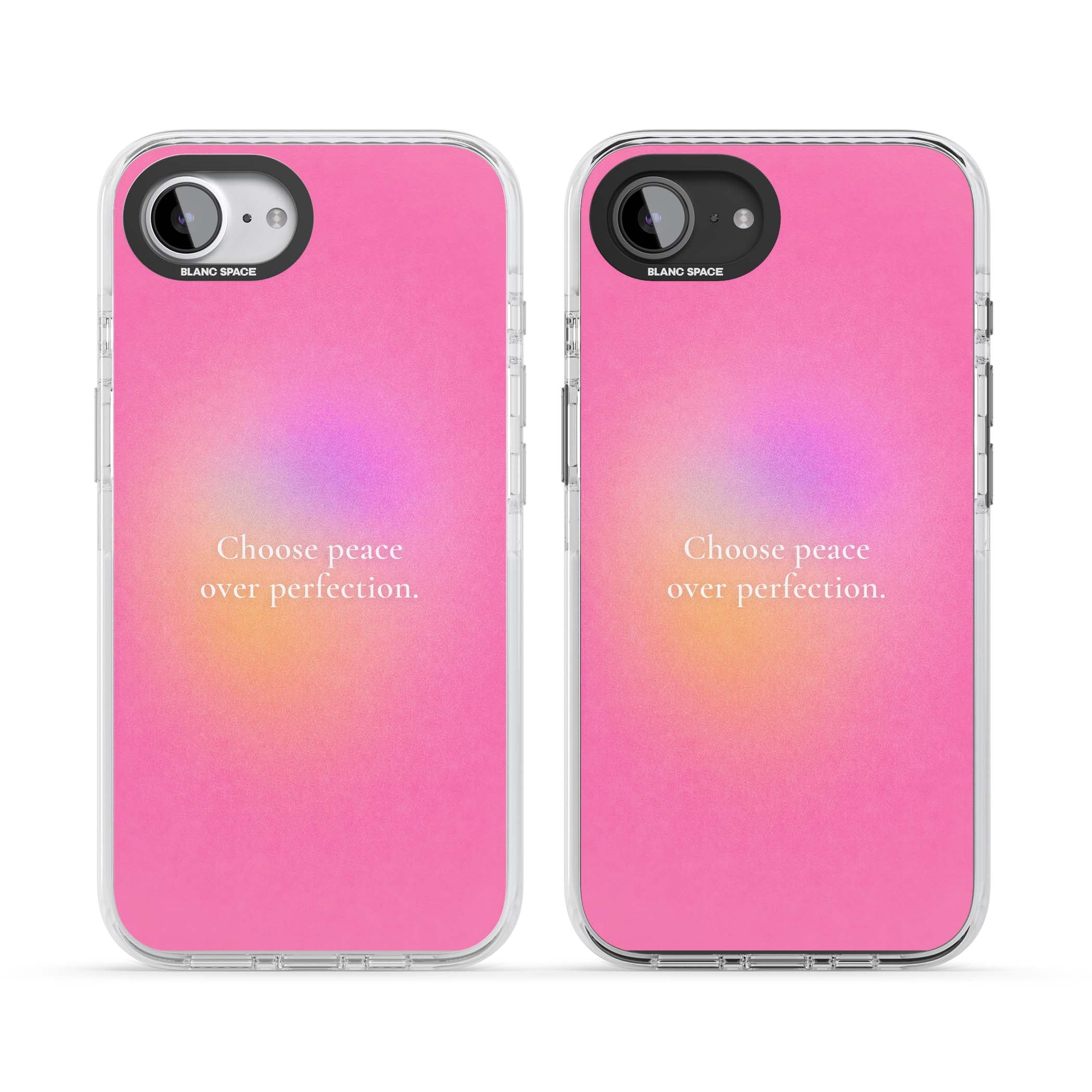 Peace Over Perfection quote iPhone case featuring a dreamy pink aura gradient and delicate white affirmation text | Clear Impact case for iPhone 16e, iPhone 17e