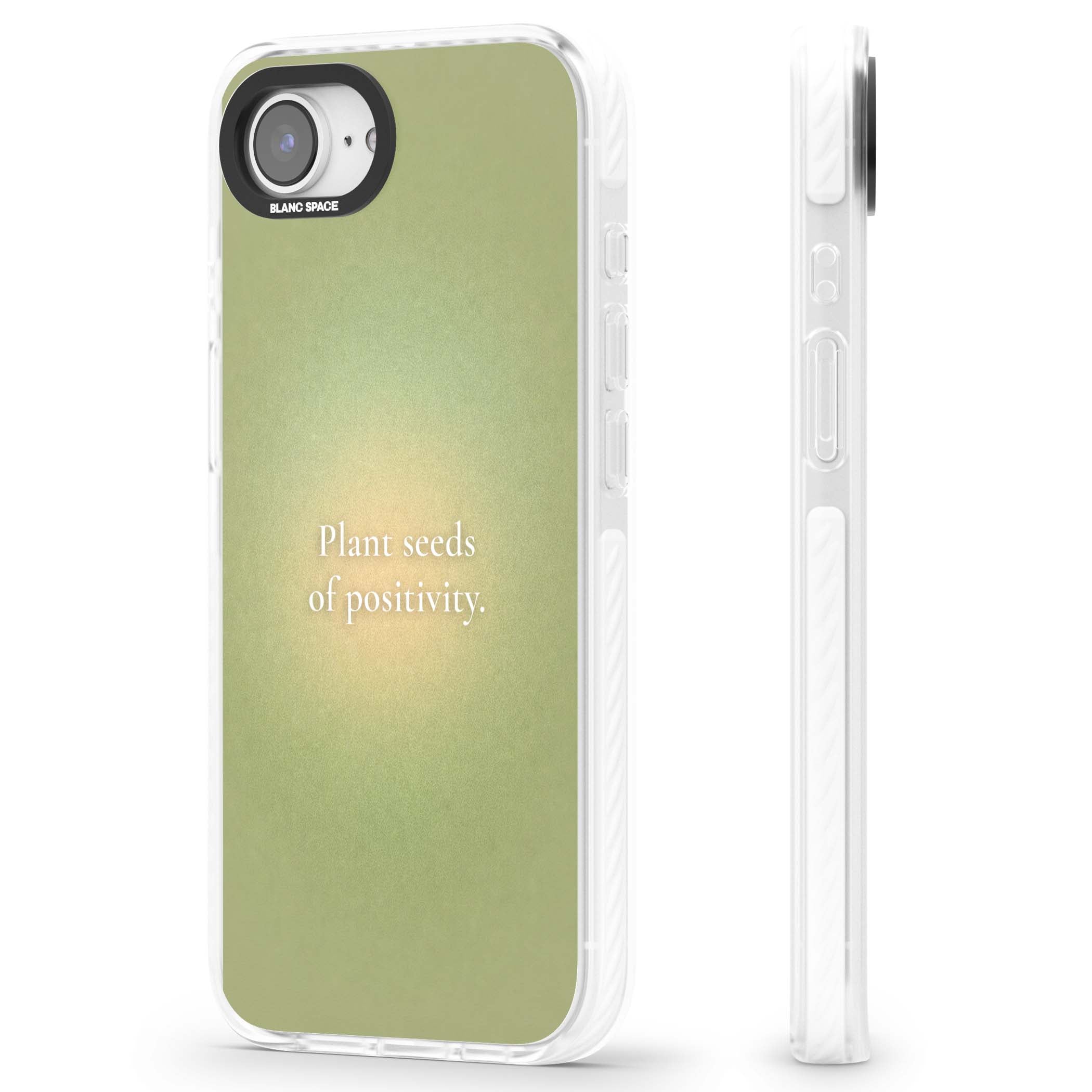 Seeds of Positivity quote iPhone case featuring a sage green aura gradient and golden glow affirmation | Clear Impact case for iPhone 16e, iPhone 17e