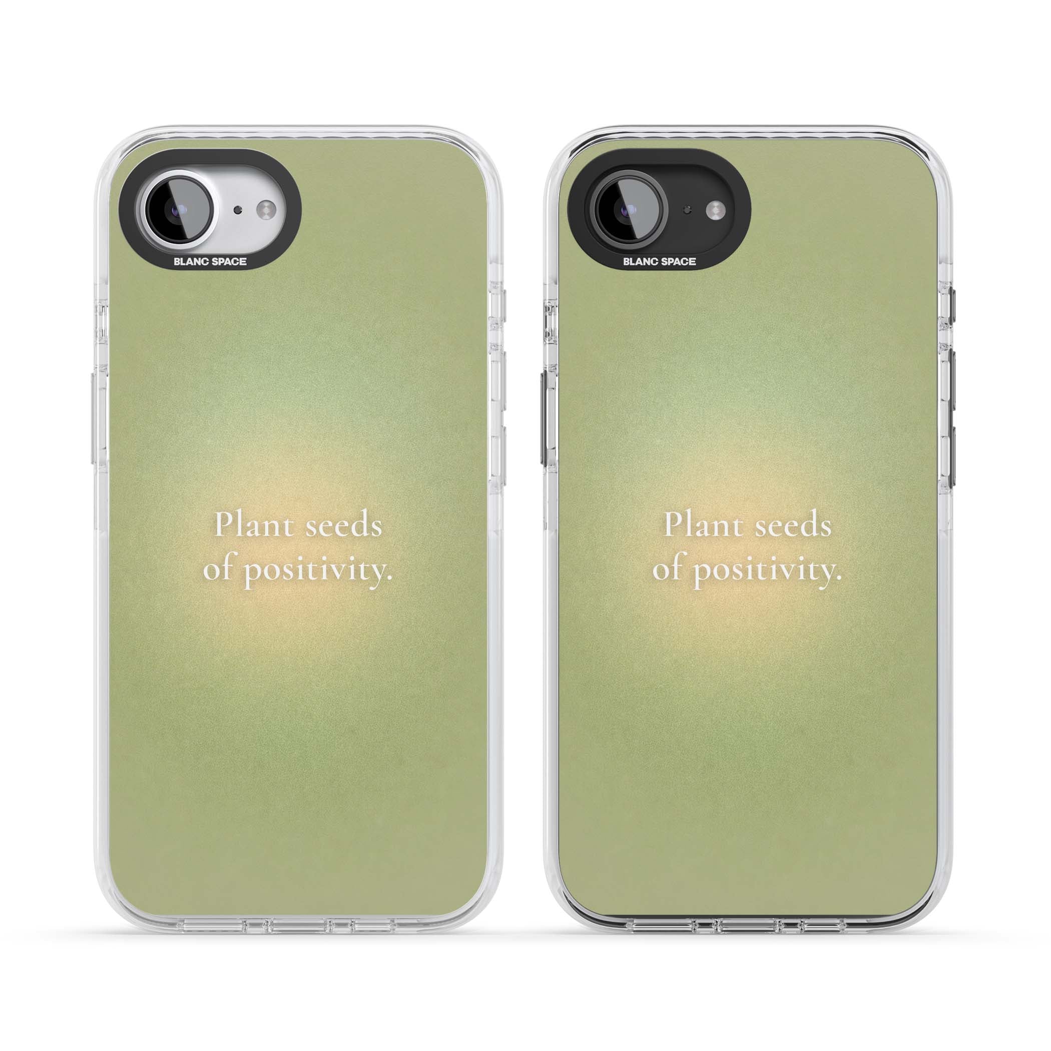Seeds of Positivity quote iPhone case featuring a sage green aura gradient and golden glow affirmation | Clear Impact case for iPhone 16e, iPhone 17e