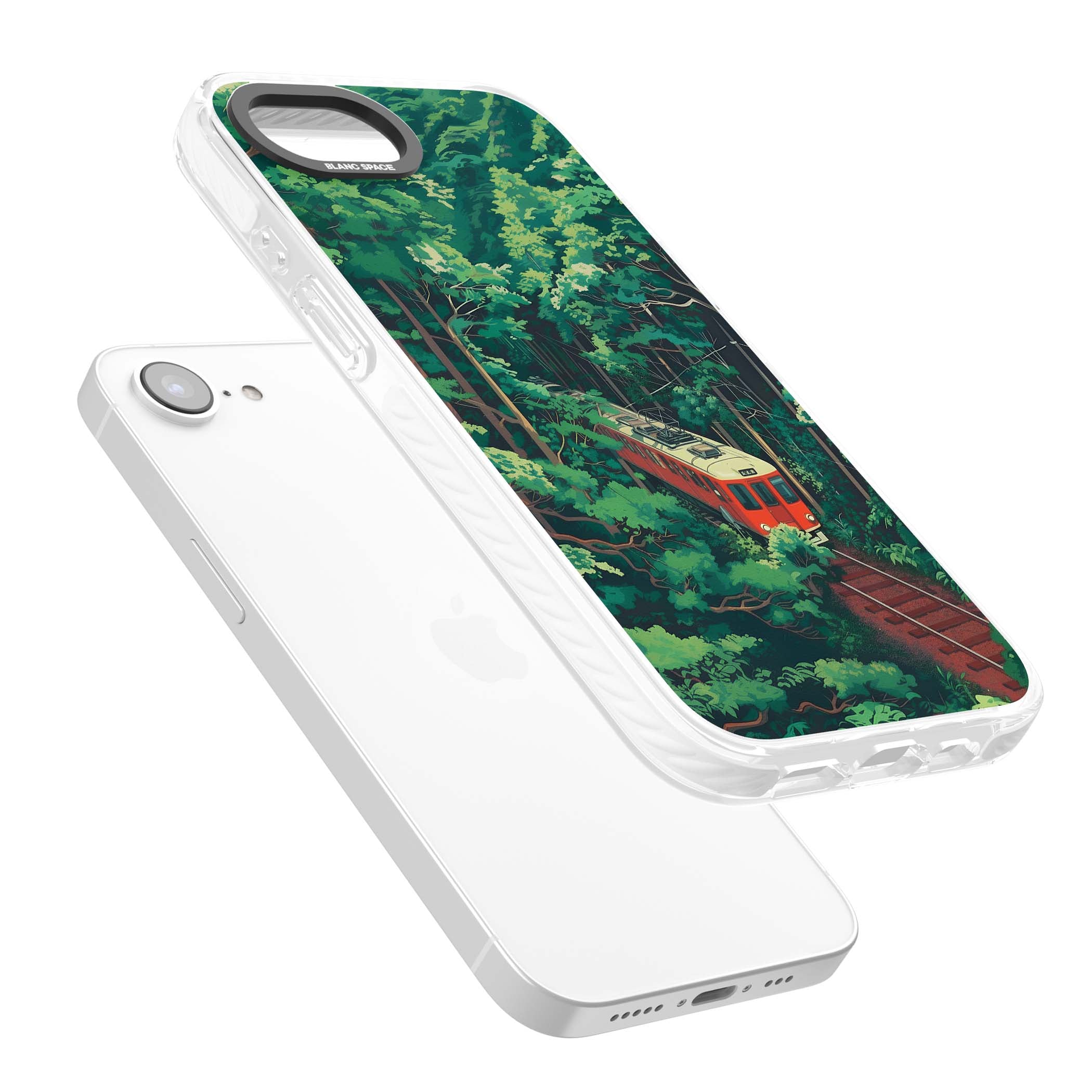 Railway In Toyama Japanese iPhone case featuring a red train, cedar forest and winding mountain railway tracks | Clear Impact case for iPhone 16e, iPhone 17e