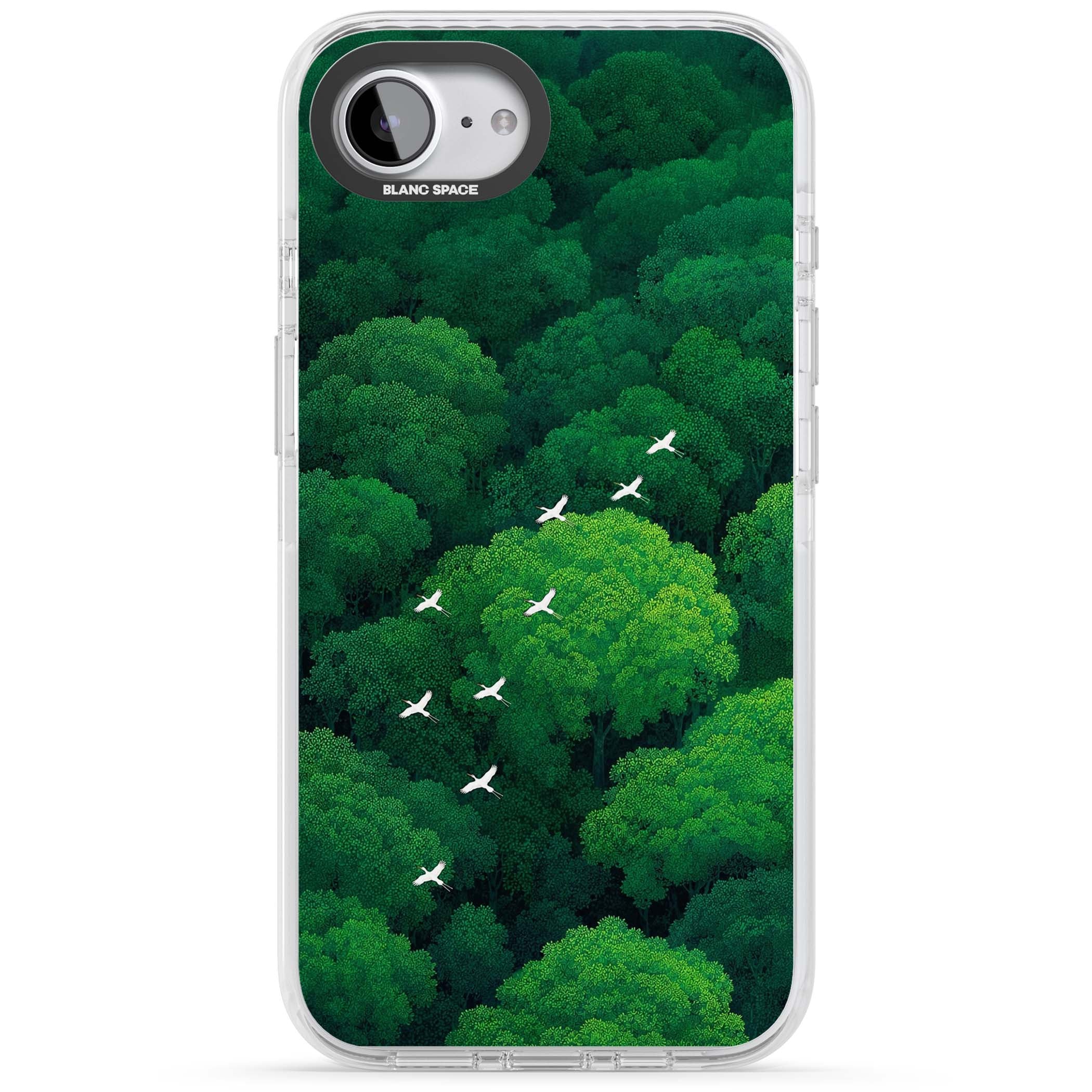 Grove Migration forest iPhone case featuring white cranes flying over lush green treetop canopy | Clear Impact case for iPhone 16e, iPhone 17e