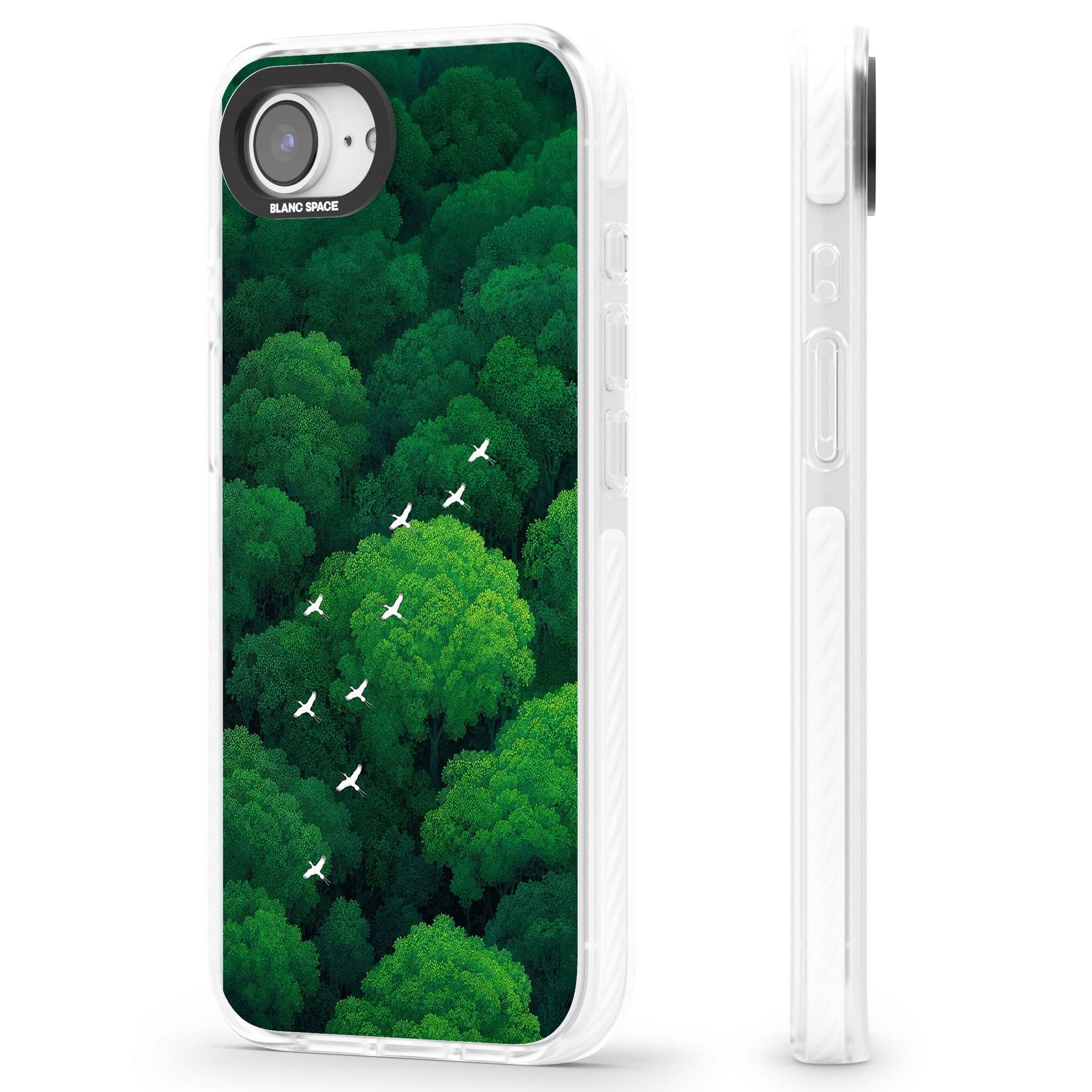 Grove Migration forest iPhone case featuring white cranes flying over lush green treetop canopy | Clear Impact case for iPhone 16e, iPhone 17e