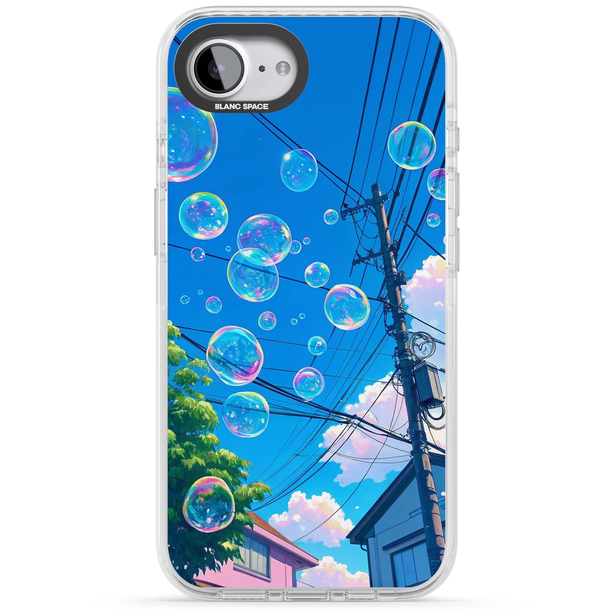 Suburban Bubbles anime iPhone case featuring iridescent soap bubbles, blue sky and Japanese telephone wires | Clear Impact case for iPhone 16e, iPhone 17e