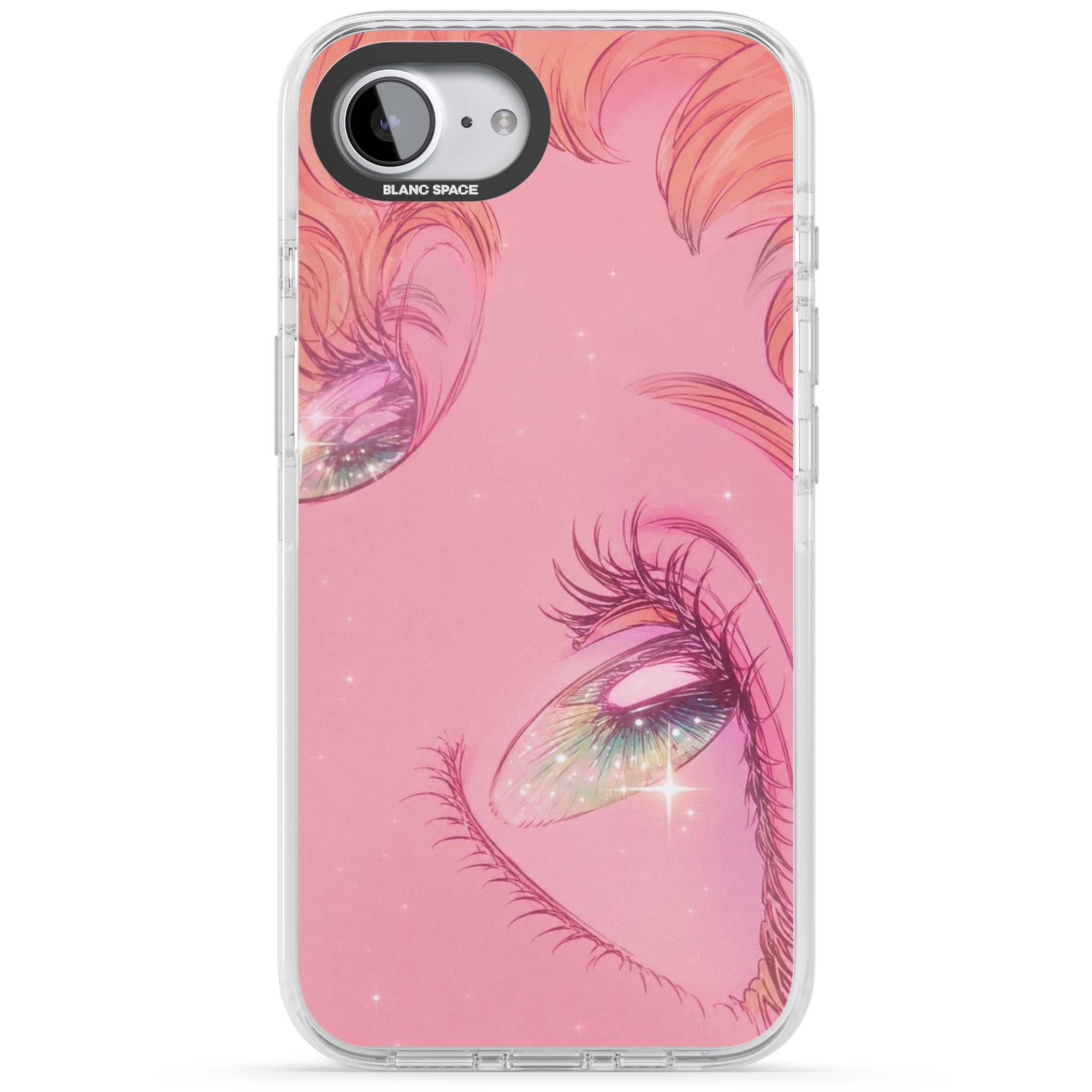 Pink Ethereal Gaze anime iPhone case featuring sparkling manga eyes, coral lashes and dreamy peach sky | Clear Impact case for iPhone 16e, iPhone 17e