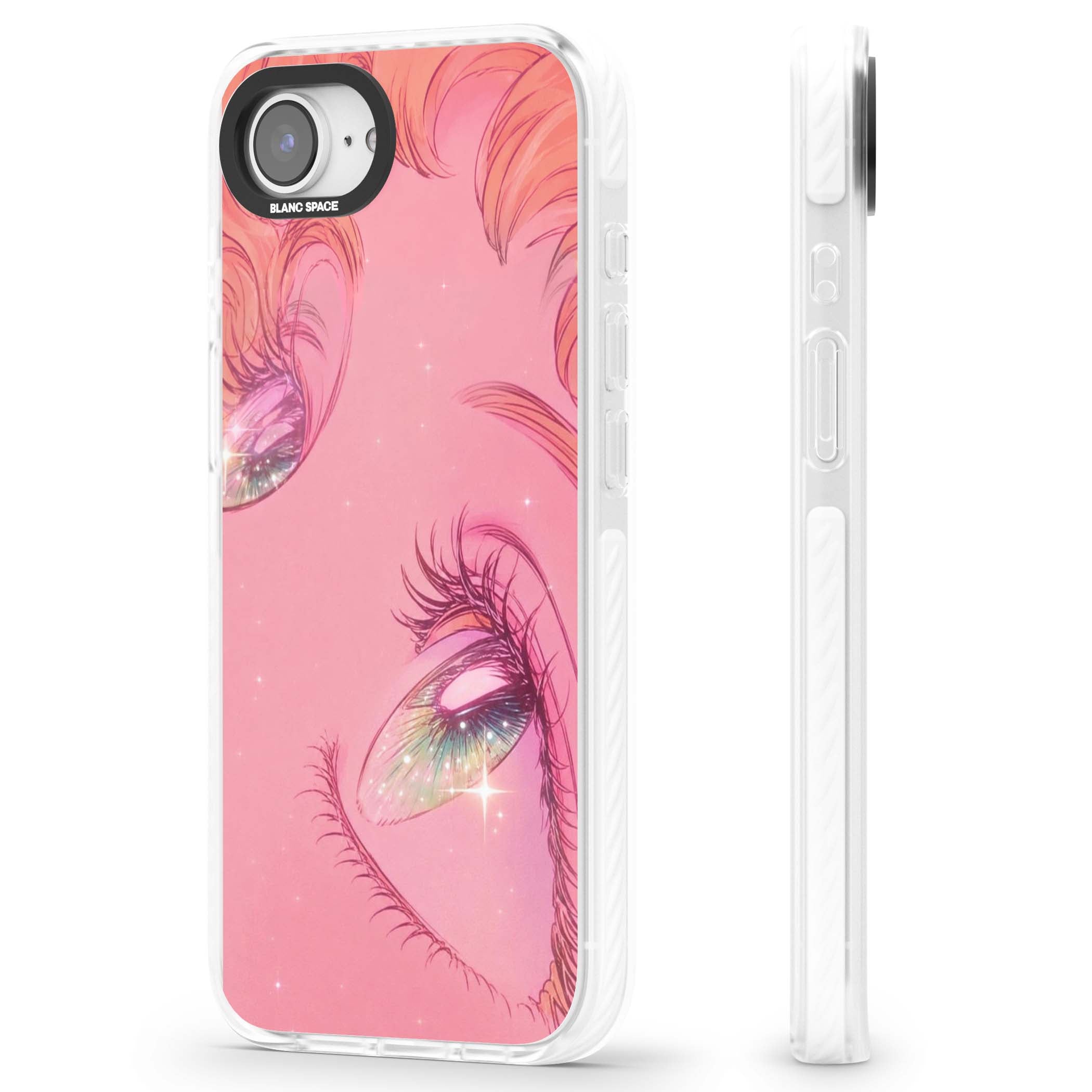 Pink Ethereal Gaze anime iPhone case featuring sparkling manga eyes, coral lashes and dreamy peach sky | Clear Impact case for iPhone 16e, iPhone 17e