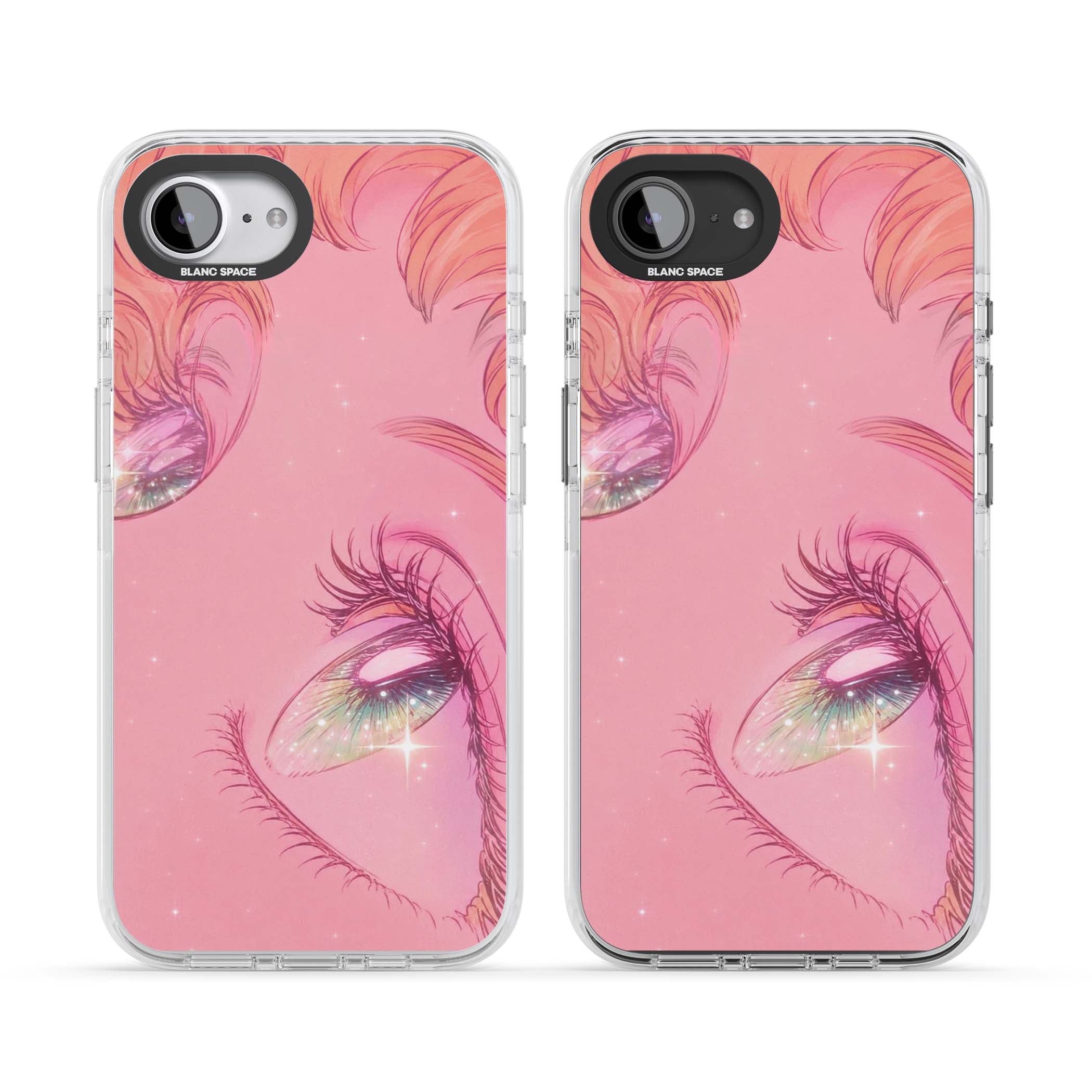 Pink Ethereal Gaze anime iPhone case featuring sparkling manga eyes, coral lashes and dreamy peach sky | Clear Impact case for iPhone 16e, iPhone 17e