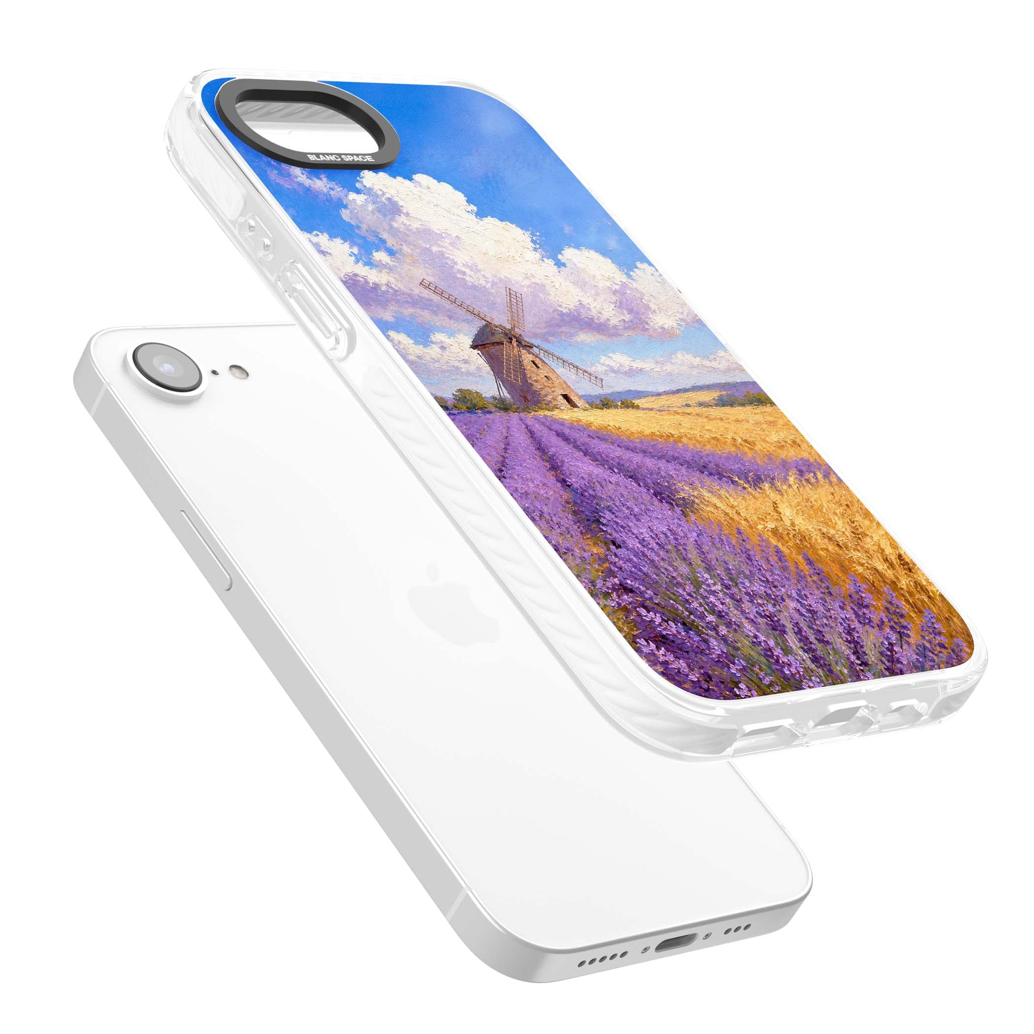 Lavender Mill cottagecore iPhone case featuring a French windmill, lavender field and golden wheat oil painting | Clear Impact case for iPhone 16e, iPhone 17e