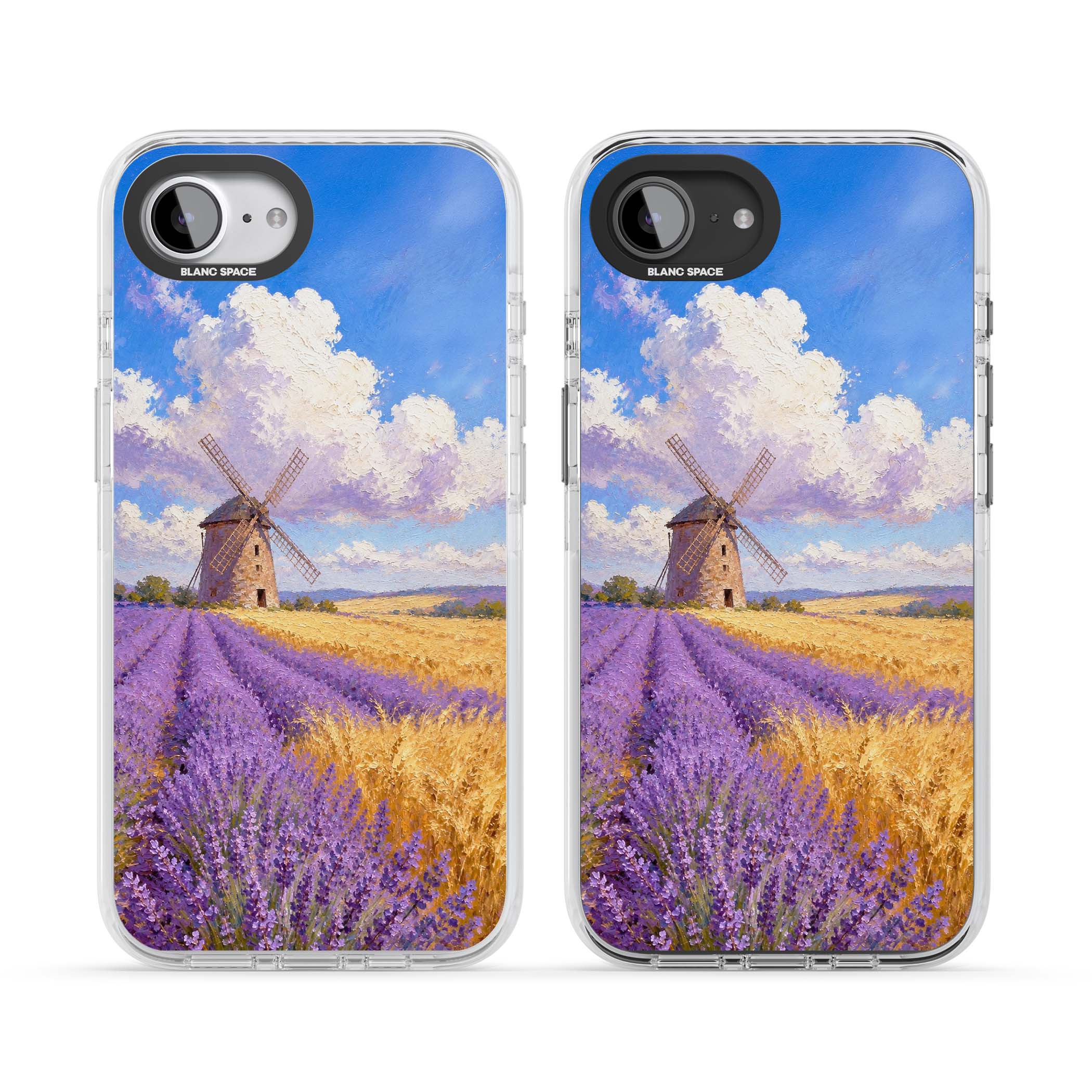 Lavender Mill cottagecore iPhone case featuring a French windmill, lavender field and golden wheat oil painting | Clear Impact case for iPhone 16e, iPhone 17e