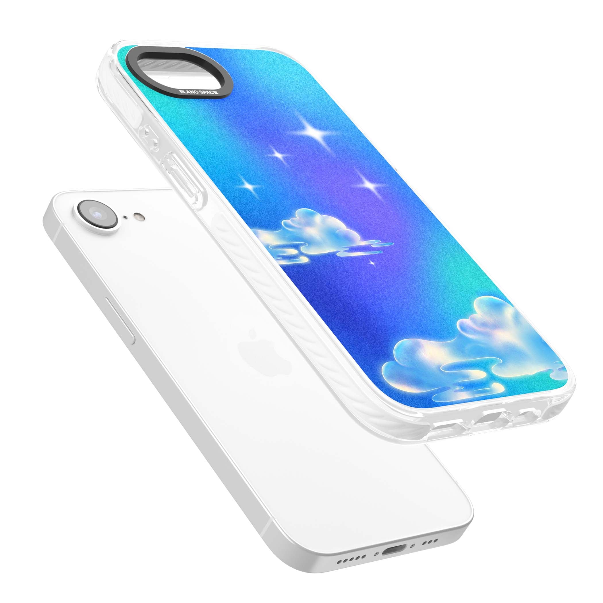 Aurora celestial iPhone case featuring dreamy iridescent clouds, sparkling stars and pastel blue purple sky | Clear Impact case for iPhone 16e, iPhone 17e