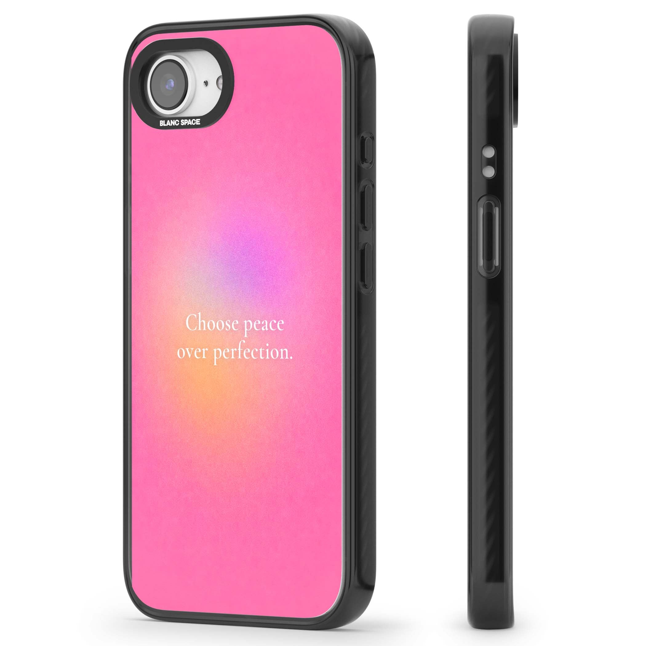 Peace Over Perfection quote iPhone case featuring a dreamy pink aura gradient and delicate white affirmation text | Black Impact case for iPhone 16e, iPhone 17e