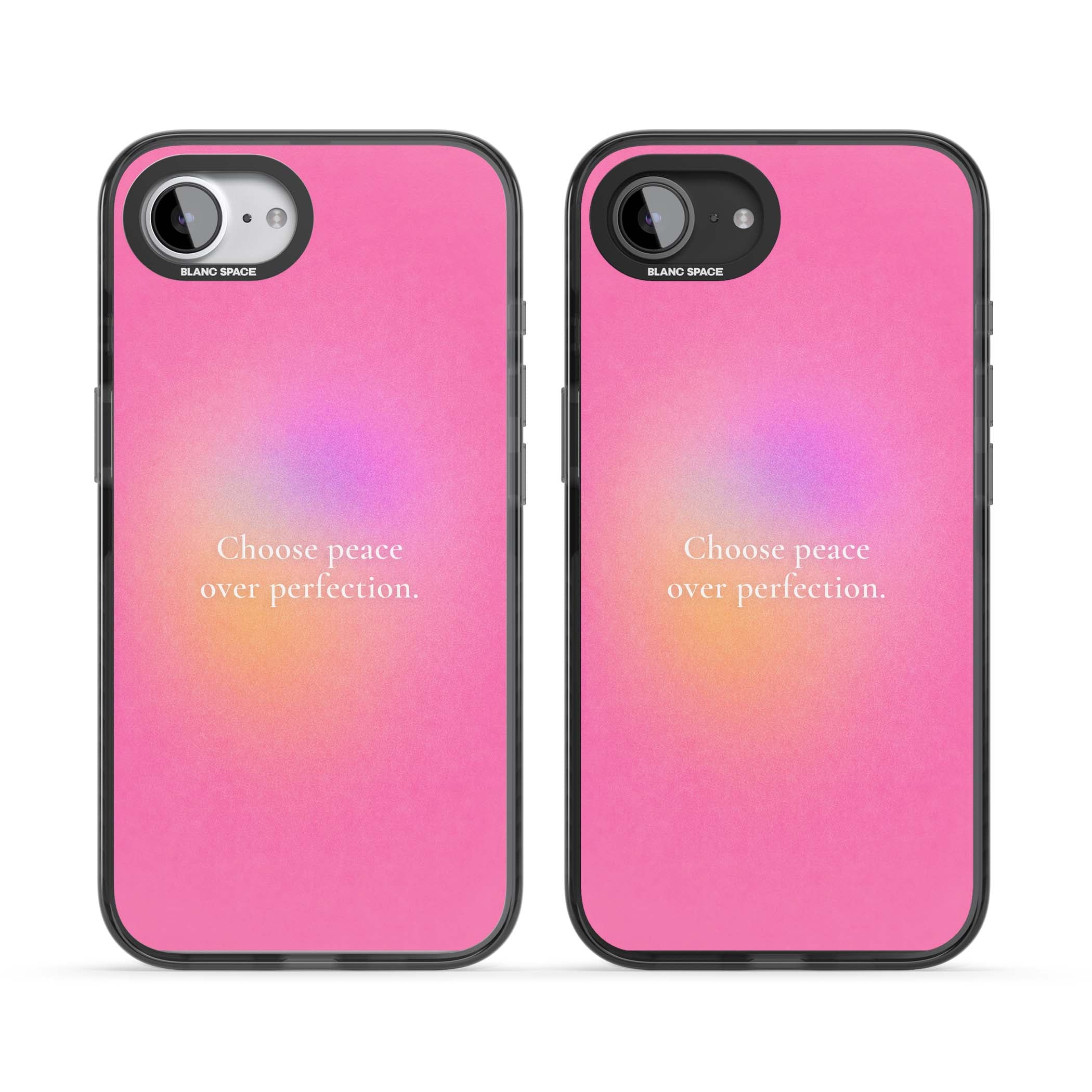 Peace Over Perfection quote iPhone case featuring a dreamy pink aura gradient and delicate white affirmation text | Black Impact case for iPhone 16e, iPhone 17e