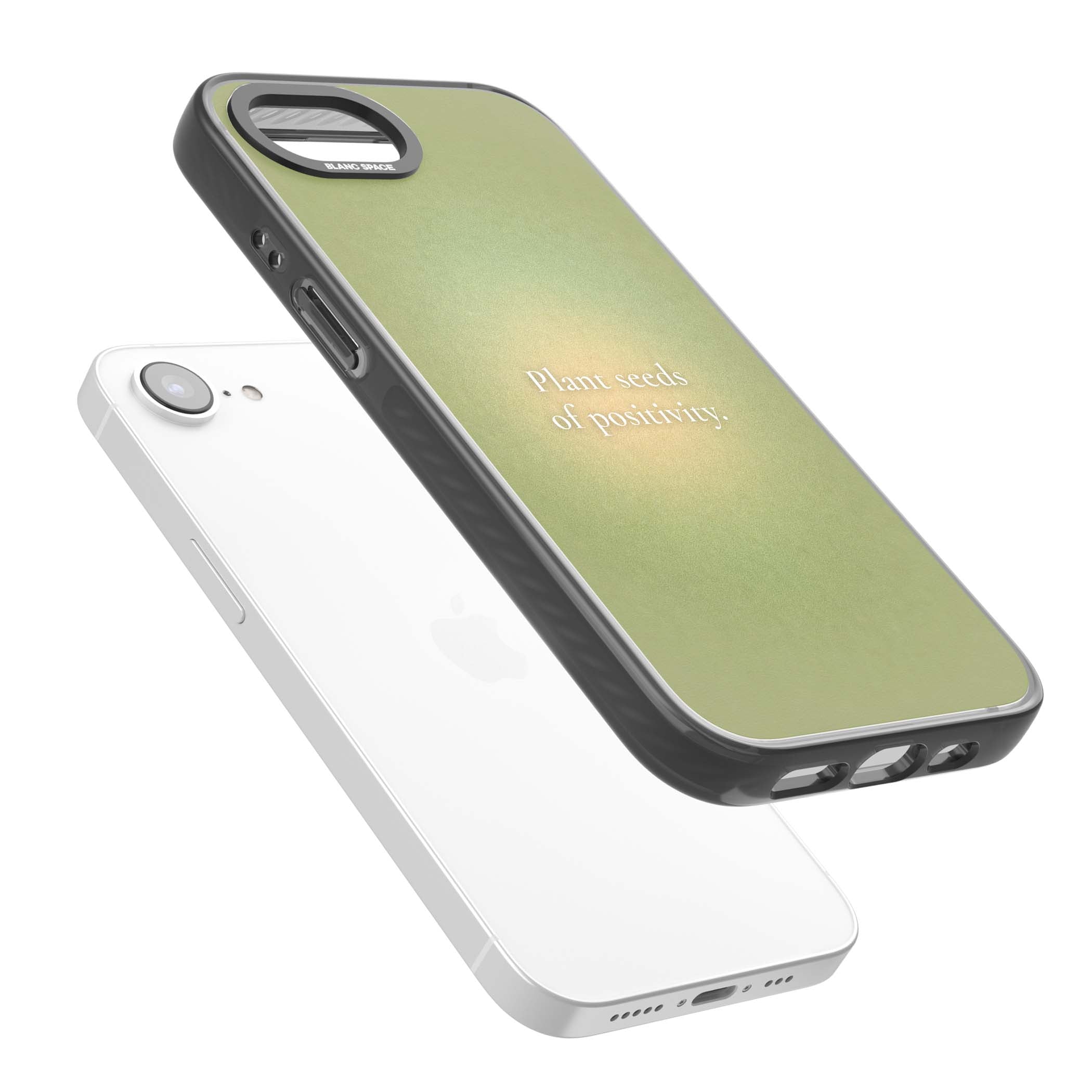 Seeds of Positivity quote iPhone case featuring a sage green aura gradient and golden glow affirmation | Black Impact case for iPhone 16e, iPhone 17e
