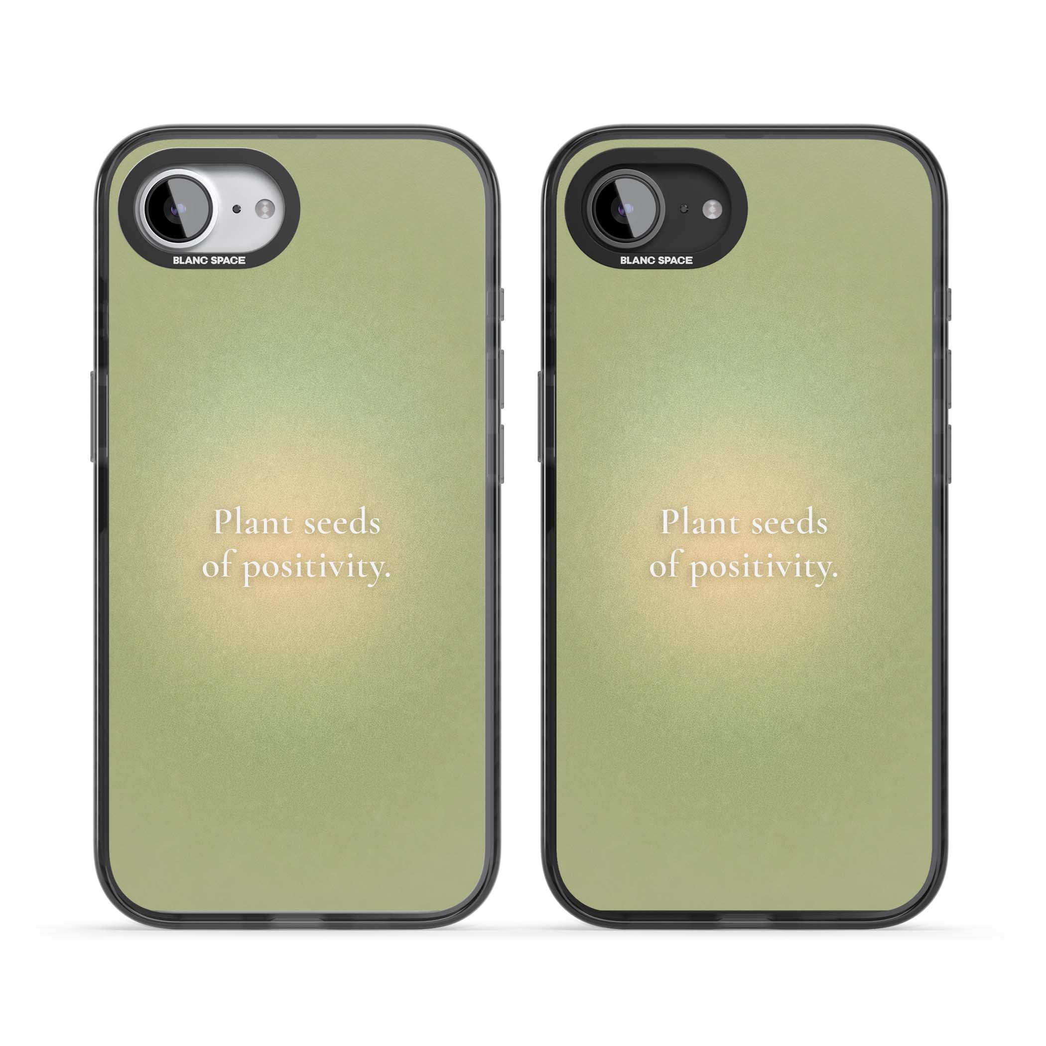 Seeds of Positivity quote iPhone case featuring a sage green aura gradient and golden glow affirmation | Black Impact case for iPhone 16e, iPhone 17e