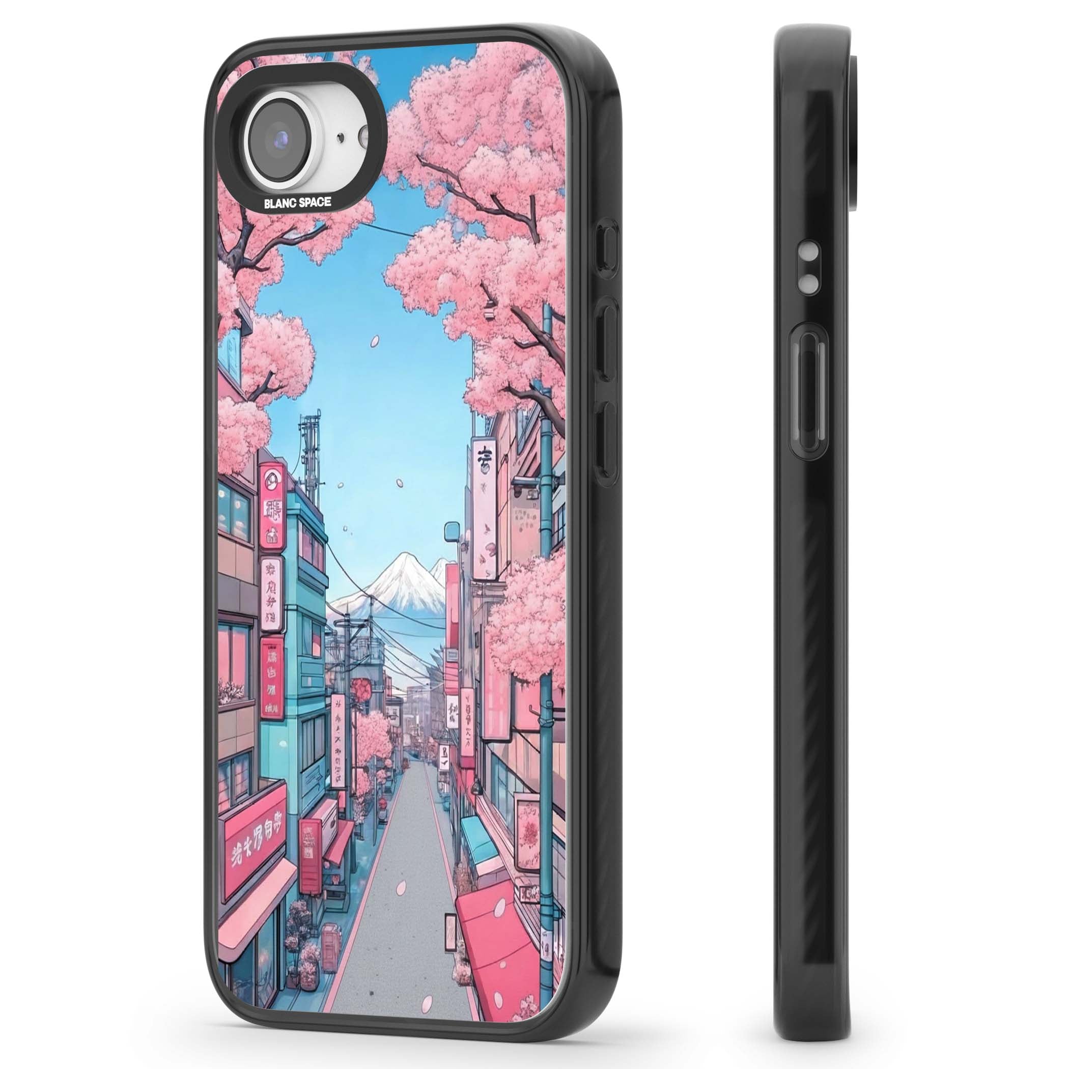 Sakura Lane anime iPhone case featuring Tokyo street scene with cherry blossoms and Mount Fuji | Black Impact case for iPhone 16e, iPhone 17e