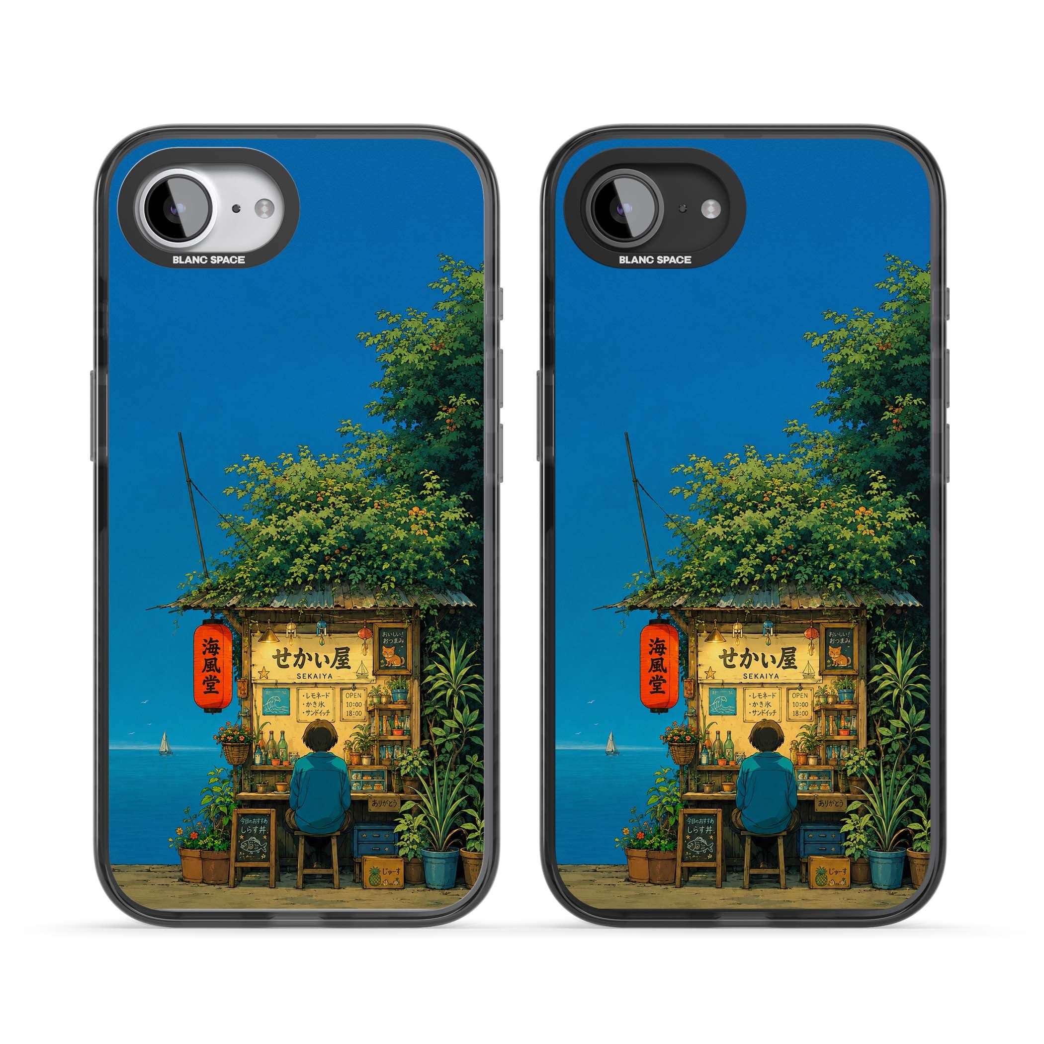 The Shirahama Kiosk anime iPhone case featuring a Japanese seaside shop, red paper lantern and ocean view | Black Impact case for iPhone 16e, iPhone 17e