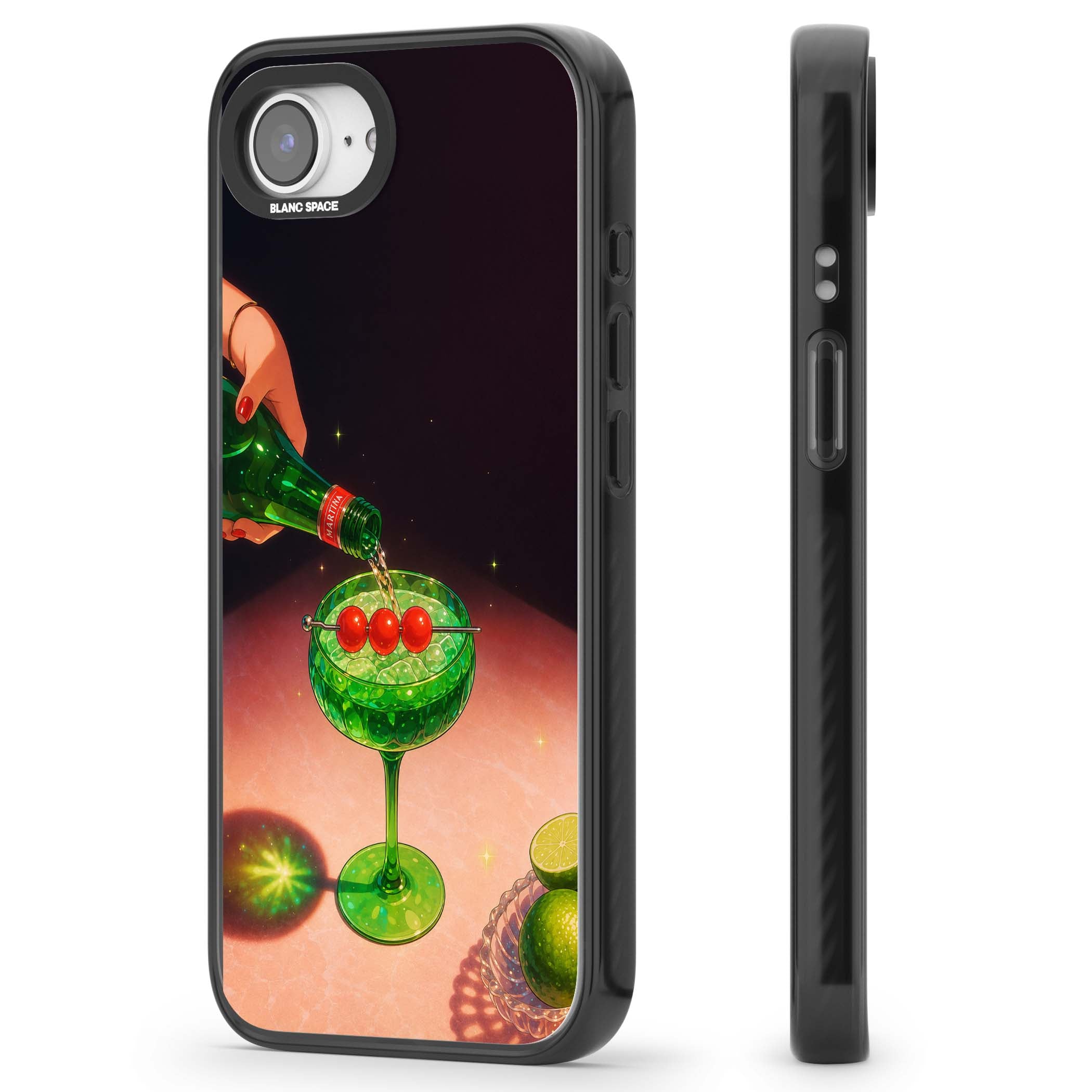 Absinthe Hour cocktail iPhone case featuring a green coupe glass, cherry garnish and vintage bottle pour illustration | Black Impact case for iPhone 16e, iPhone 17e