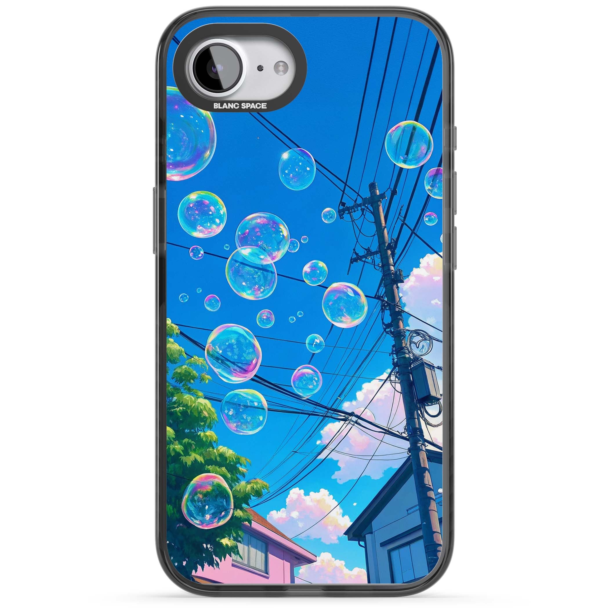 Suburban Bubbles anime iPhone case featuring iridescent soap bubbles, blue sky and Japanese telephone wires | Black Impact case for iPhone 16e, iPhone 17e
