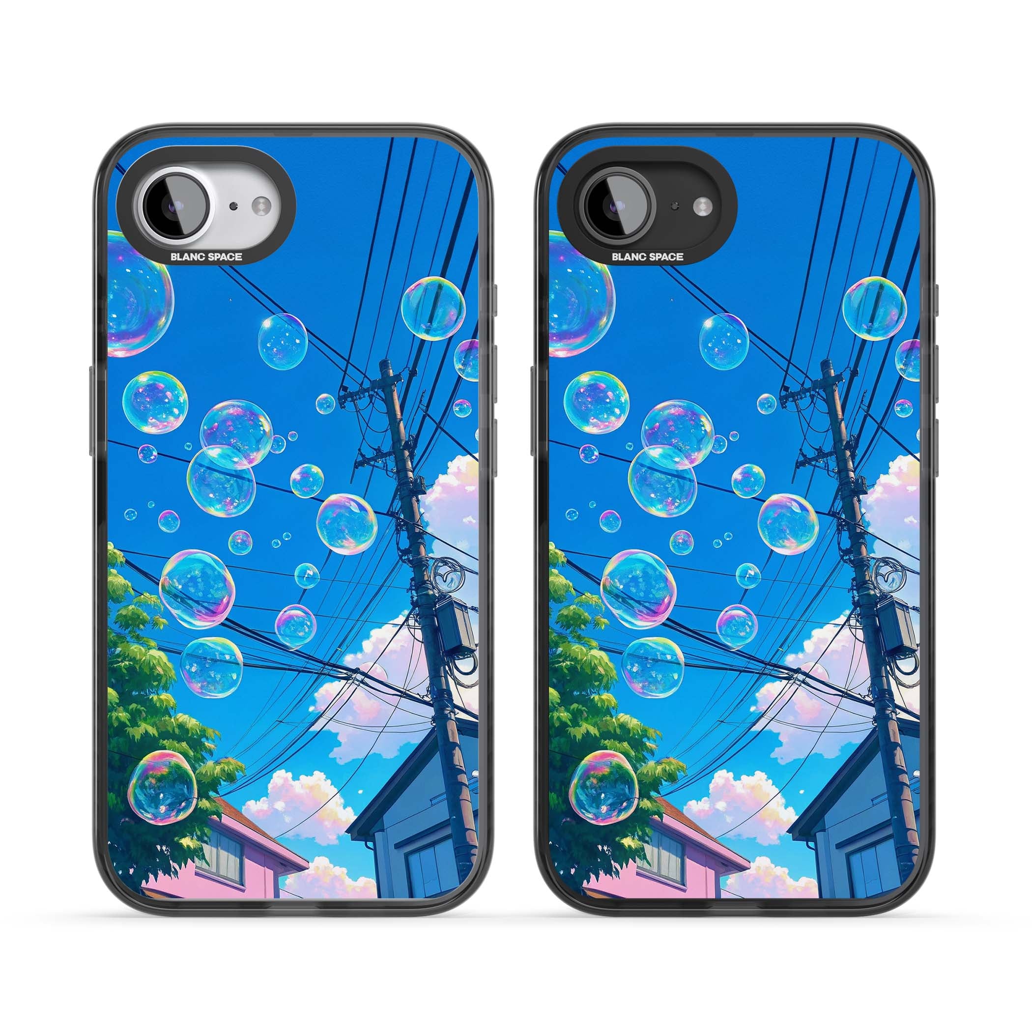 Suburban Bubbles anime iPhone case featuring iridescent soap bubbles, blue sky and Japanese telephone wires | Black Impact case for iPhone 16e, iPhone 17e