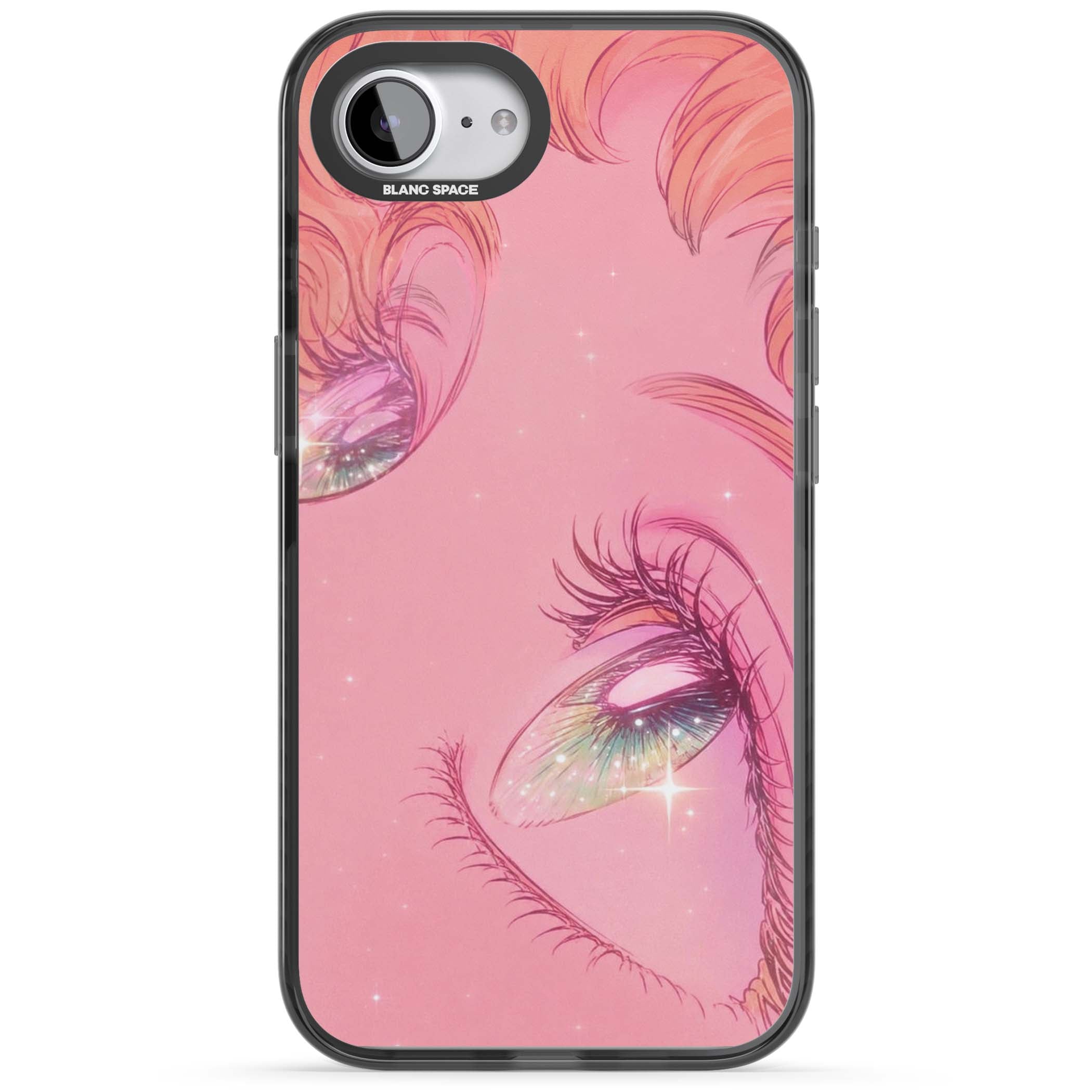 Pink Ethereal Gaze anime iPhone case featuring sparkling manga eyes, coral lashes and dreamy peach sky | Black Impact case for iPhone 16e, iPhone 17e