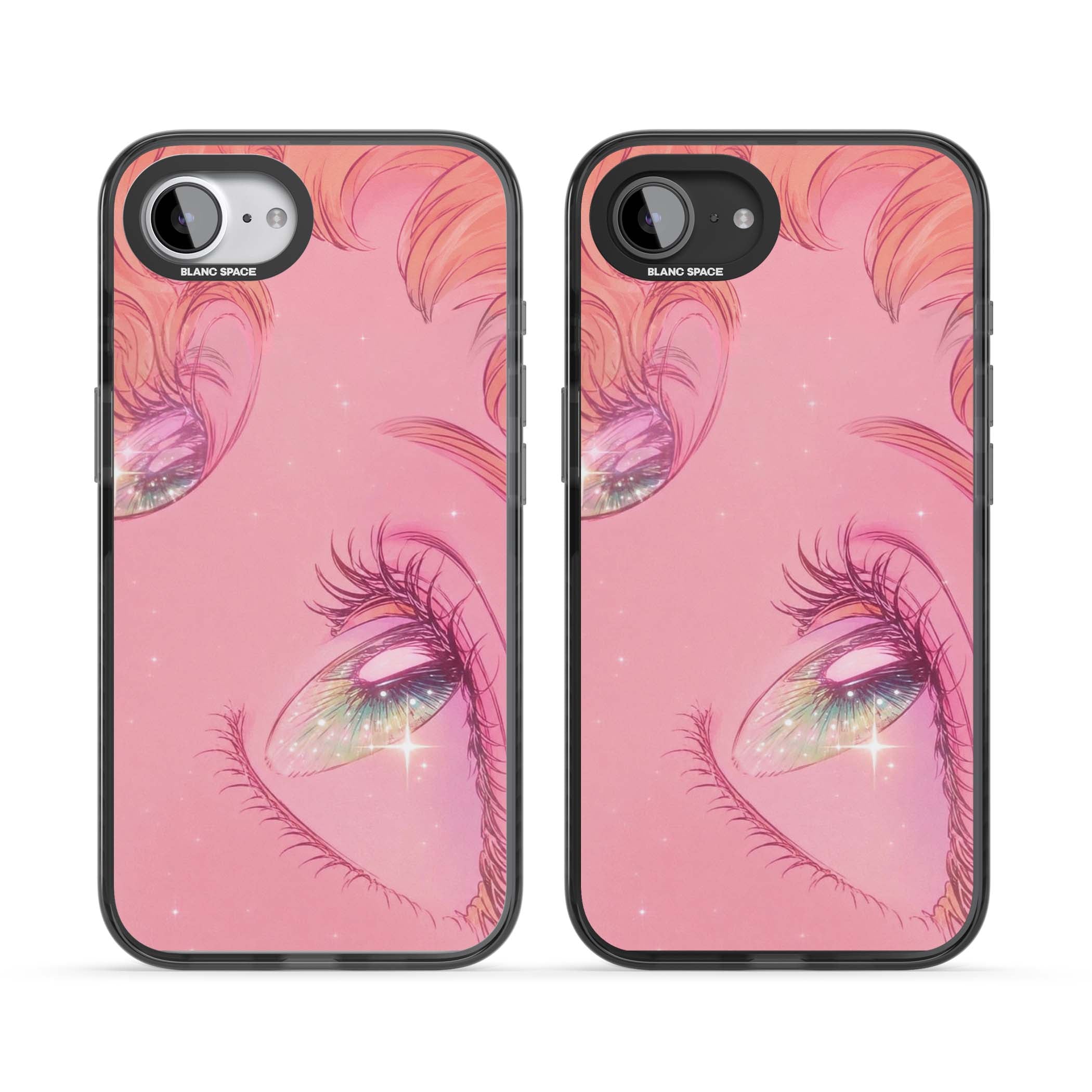 Pink Ethereal Gaze anime iPhone case featuring sparkling manga eyes, coral lashes and dreamy peach sky | Black Impact case for iPhone 16e, iPhone 17e