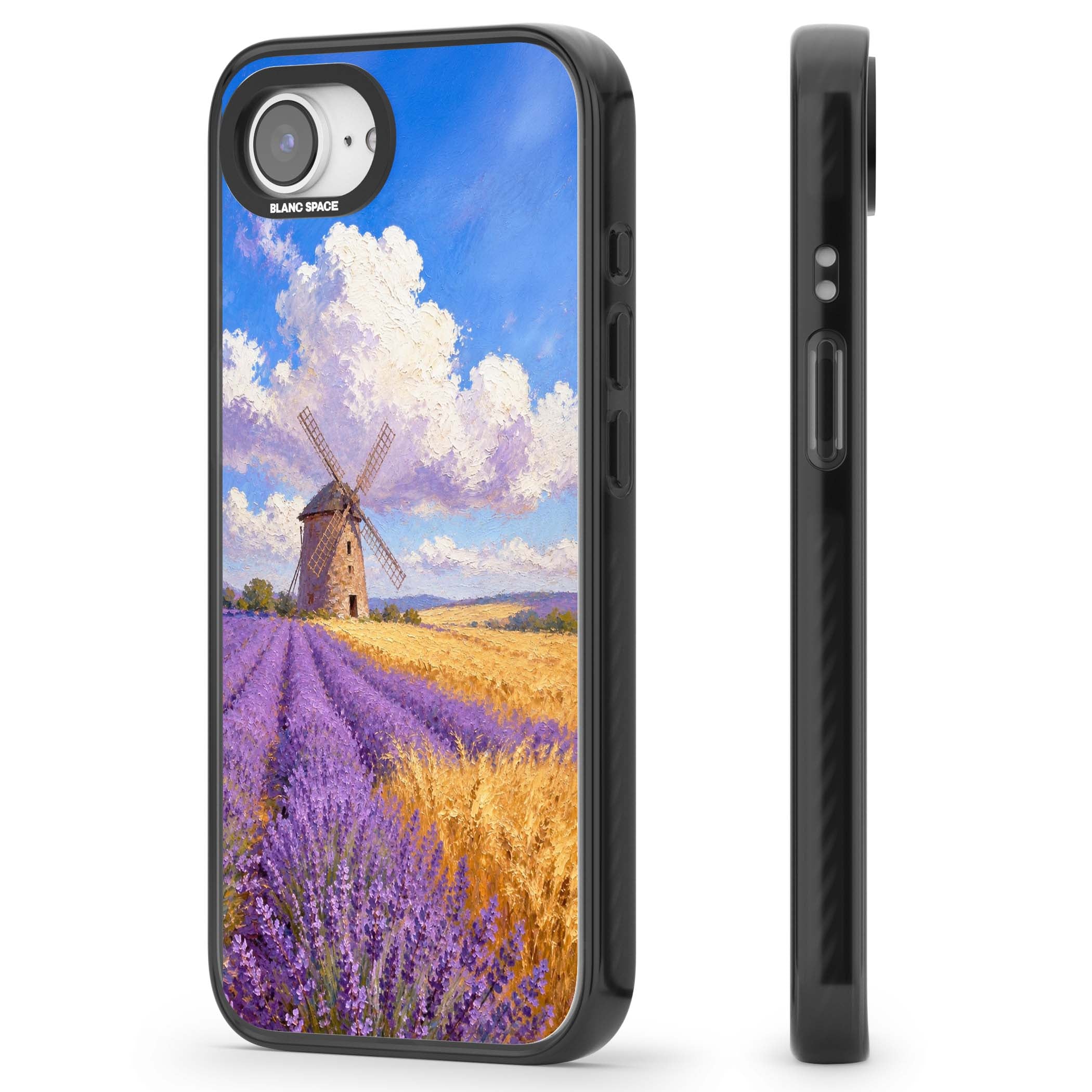 Lavender Mill cottagecore iPhone case featuring a French windmill, lavender field and golden wheat oil painting | Black Impact case for iPhone 16e, iPhone 17e