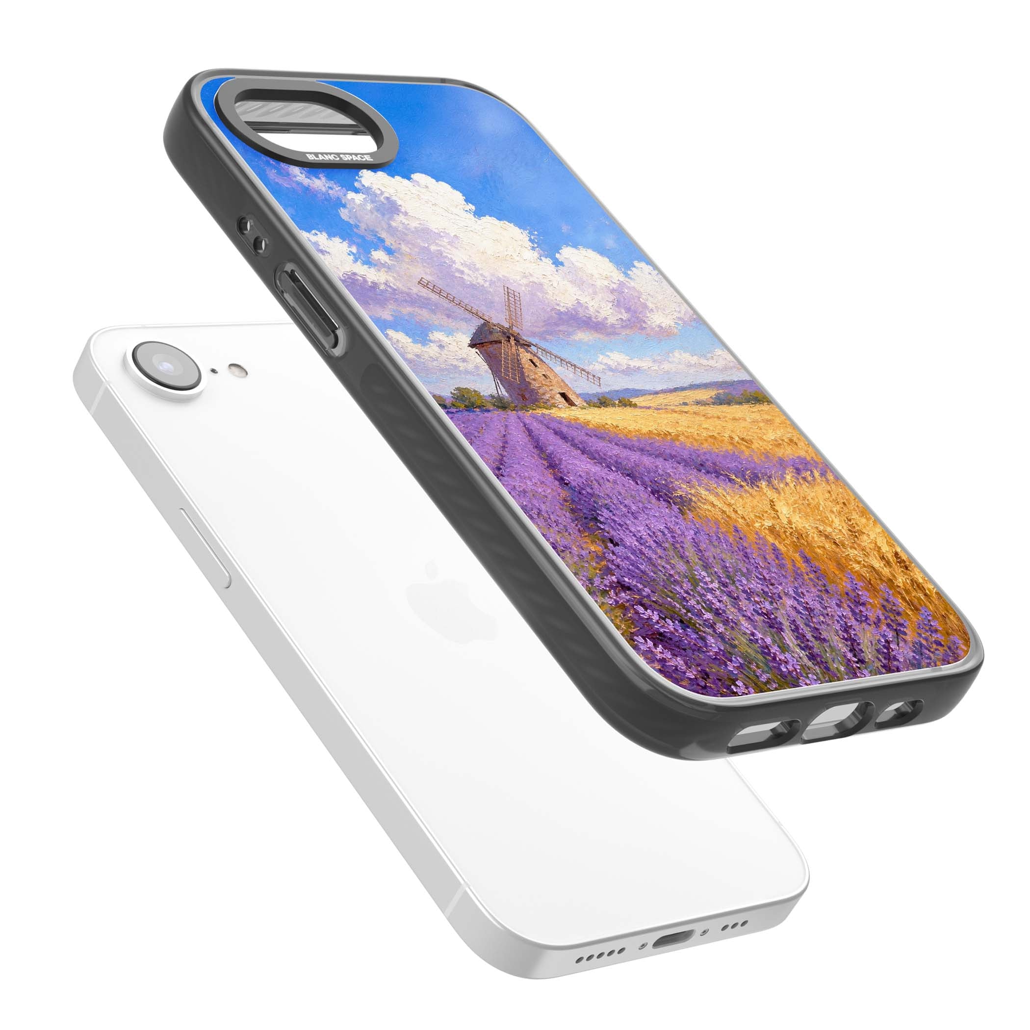 Lavender Mill cottagecore iPhone case featuring a French windmill, lavender field and golden wheat oil painting | Black Impact case for iPhone 16e, iPhone 17e