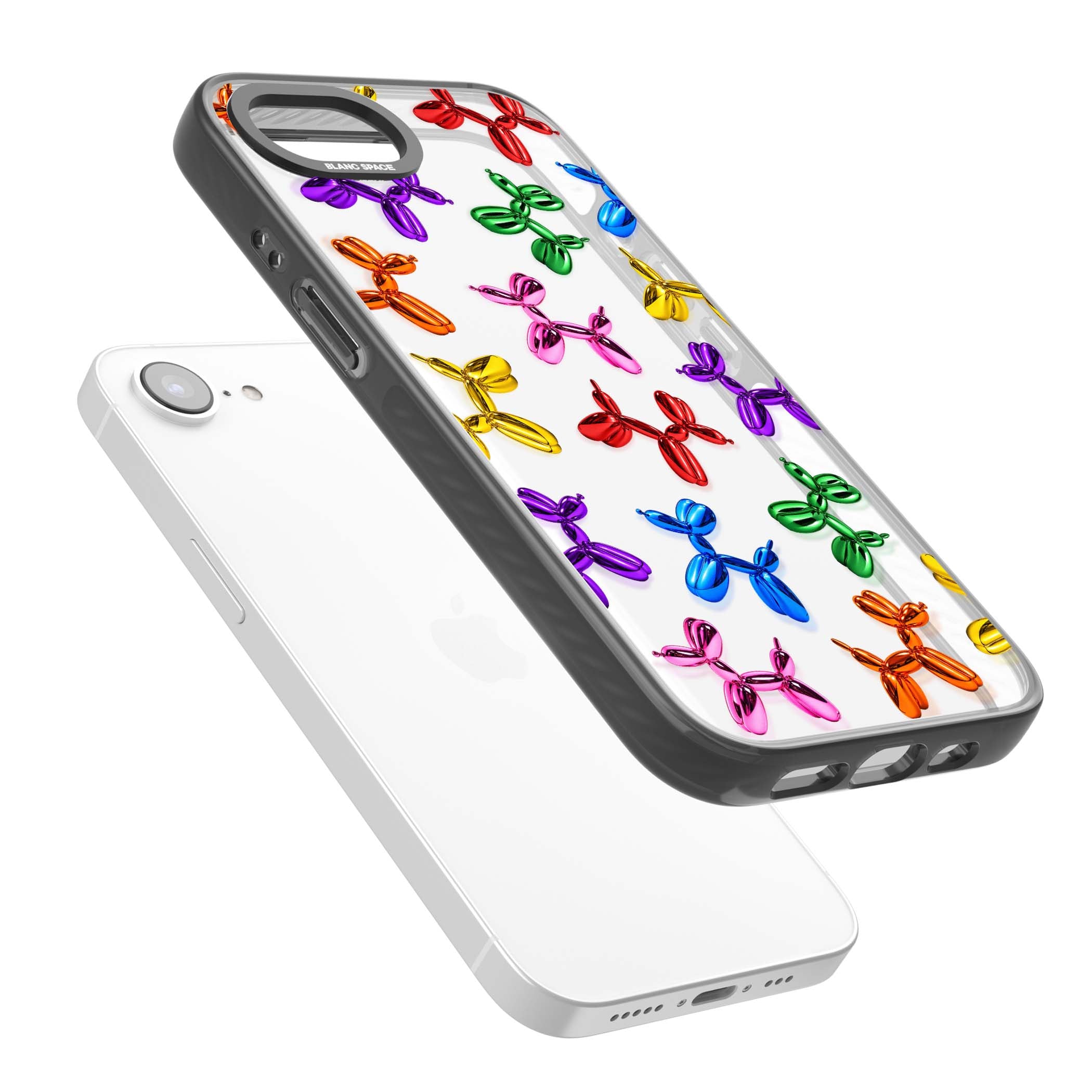 Balloon Dogs pop art iPhone case featuring rainbow chrome balloon dogs in Jeff Koons style | Black Impact case for iPhone 16e, iPhone 17e