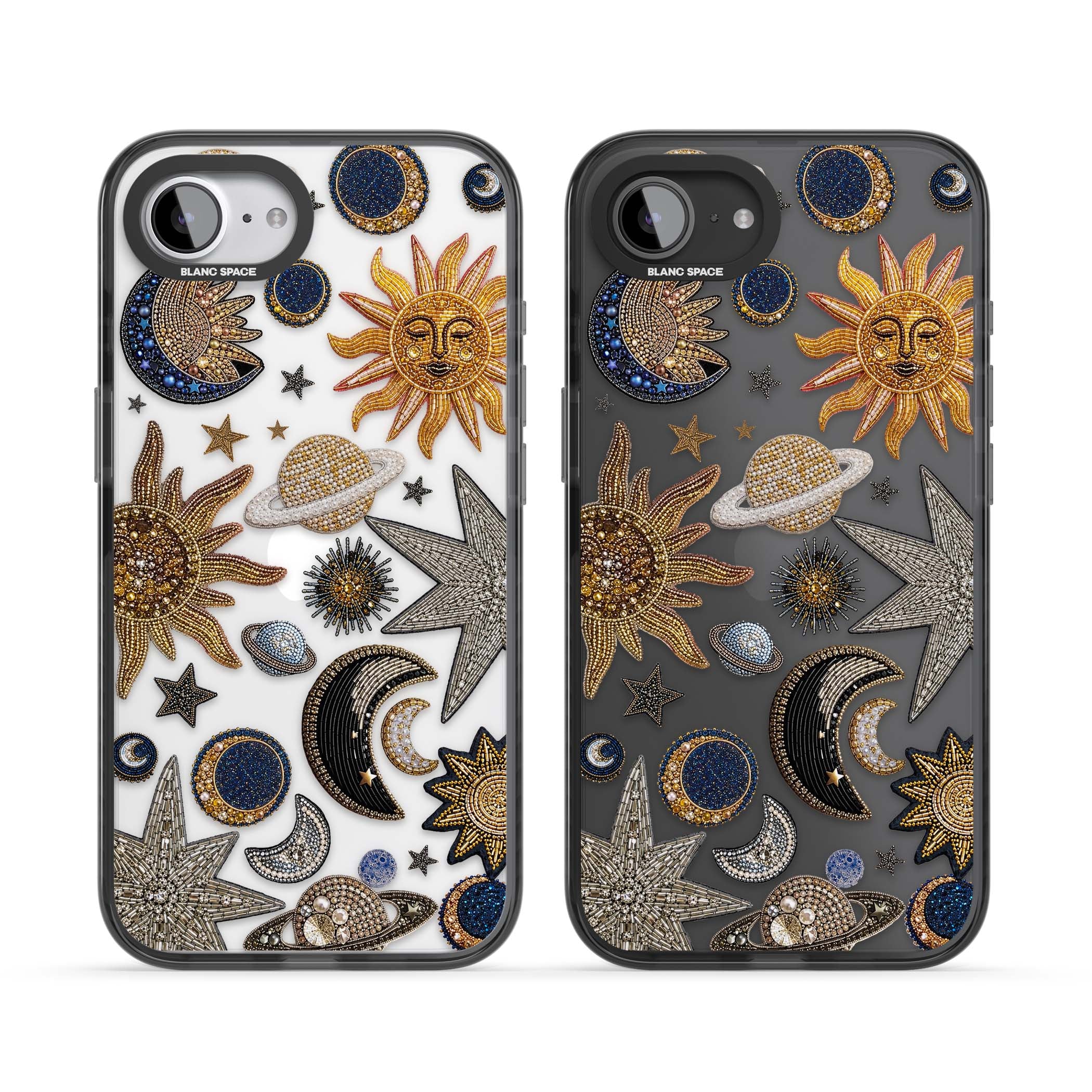 Beaded Cosmos celestial iPhone case featuring embroidered golden suns, beaded planets and silver shooting stars | Black Impact case for iPhone 16e, iPhone 17e