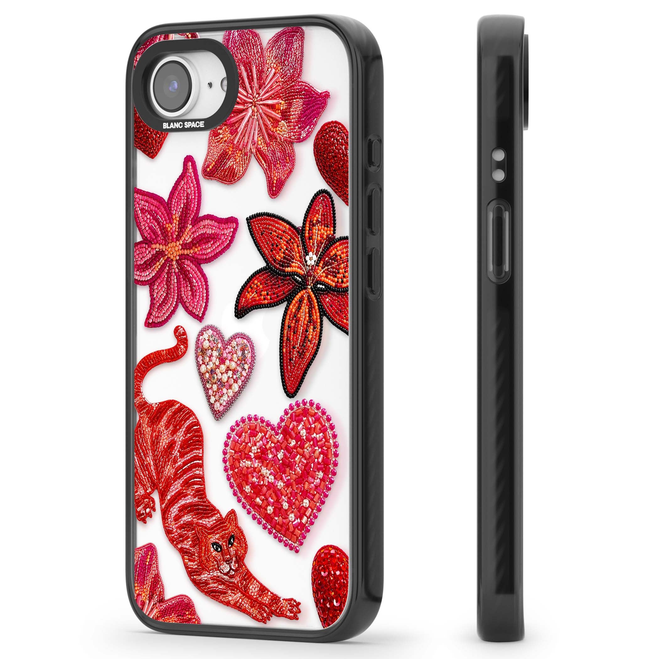 Beaded Boho floral iPhone case featuring beaded red lilies, a stitched tiger, and pearl-encrusted hearts on clear | Black Impact case for iPhone 16e, iPhone 17e