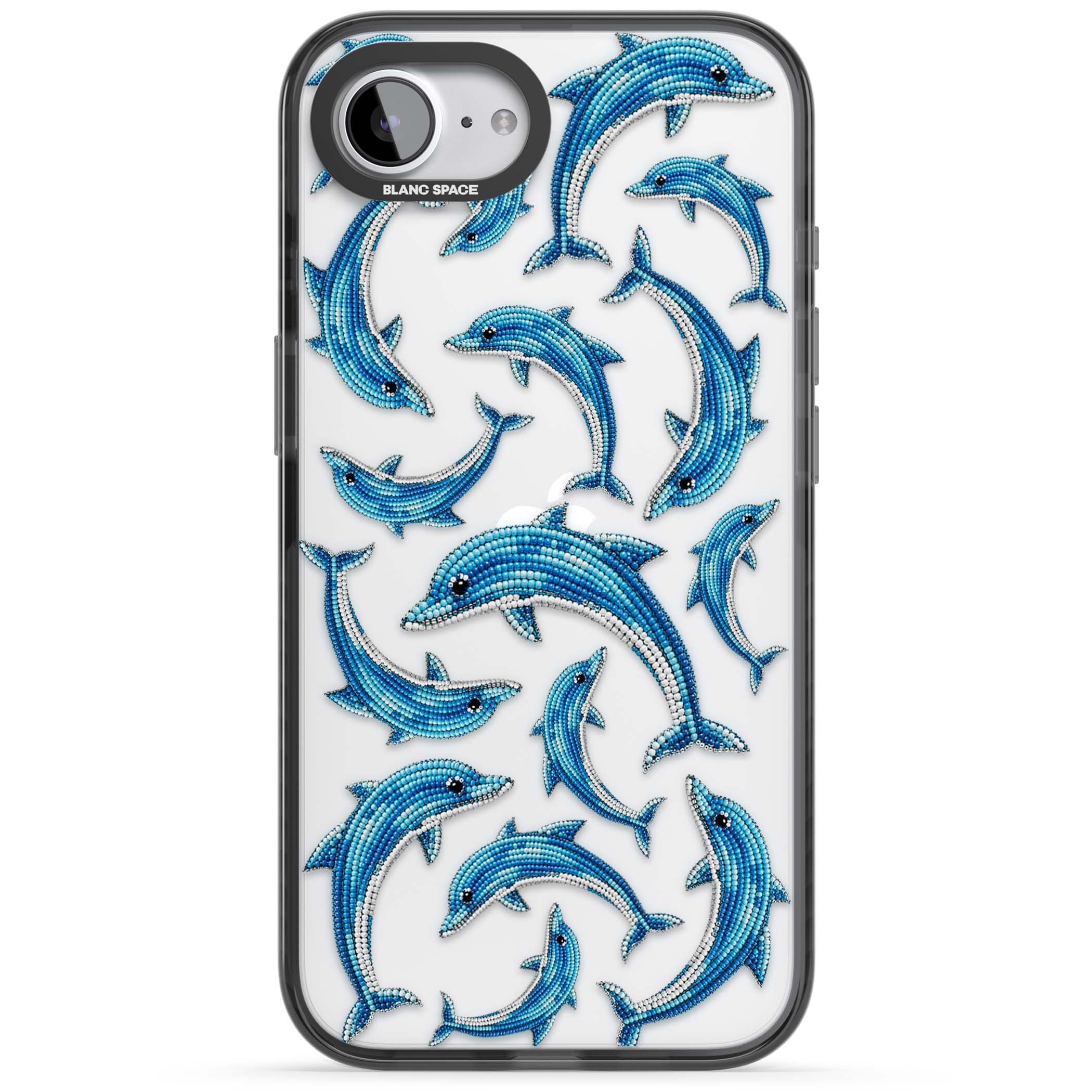 Beaded Dolphins coastal iPhone case featuring beaded dolphins in blue and white swimming across a clear background | Black Impact case for iPhone 16e, iPhone 17e