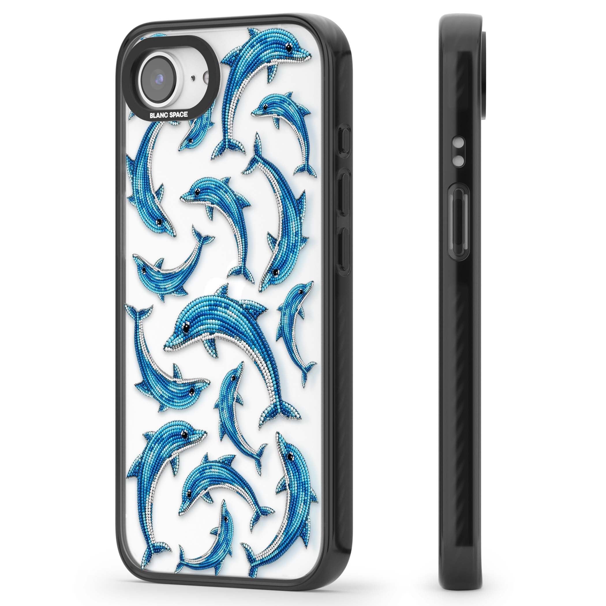 Beaded Dolphins coastal iPhone case featuring beaded dolphins in blue and white swimming across a clear background | Black Impact case for iPhone 16e, iPhone 17e