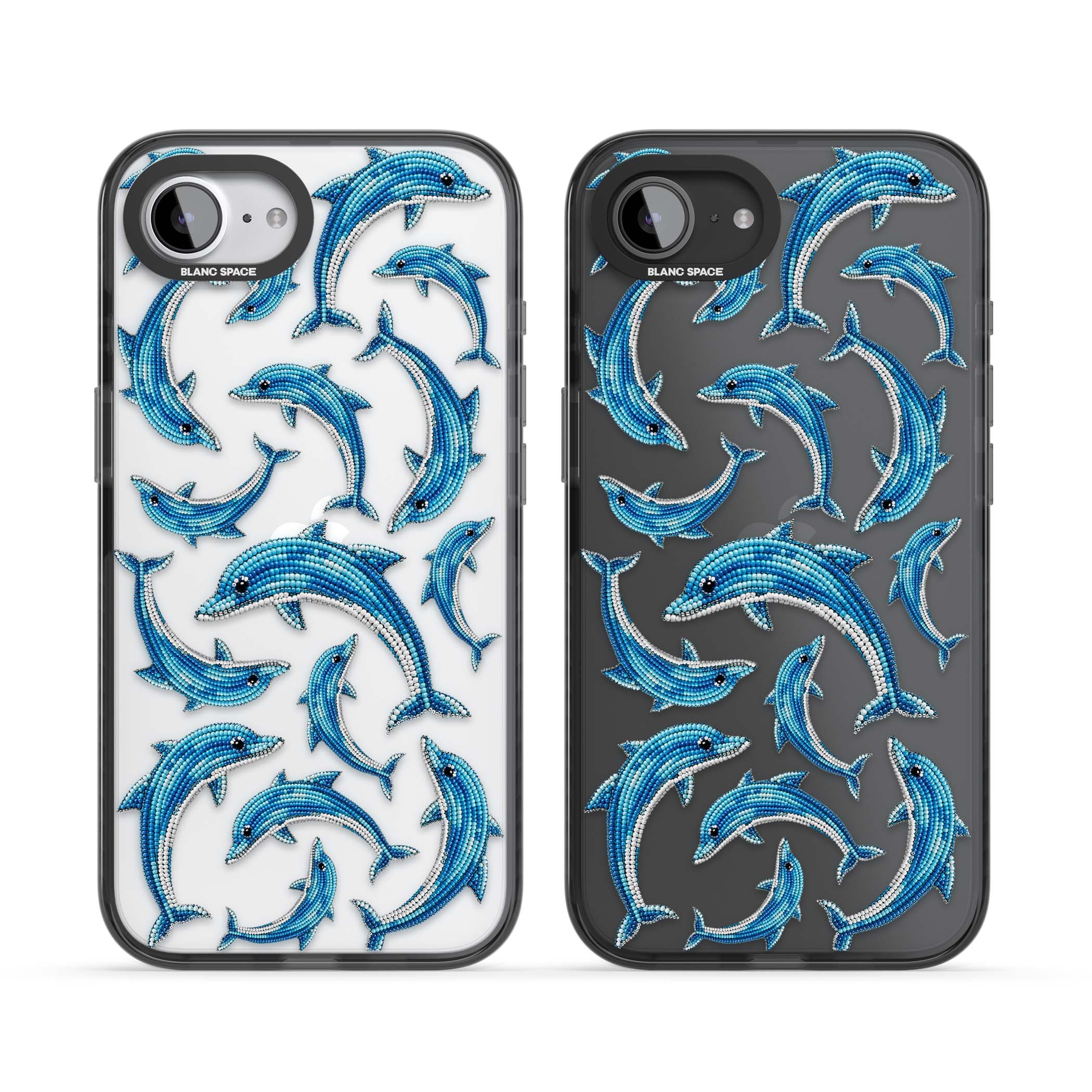 Beaded Dolphins coastal iPhone case featuring beaded dolphins in blue and white swimming across a clear background | Black Impact case for iPhone 16e, iPhone 17e