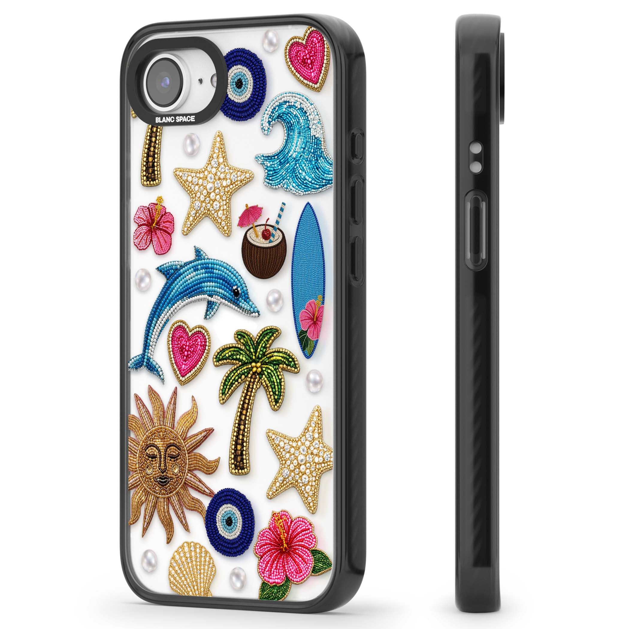 Beaded Beach coastal summer iPhone case featuring embroidered evil eye, hibiscus flowers, dolphin and palm tree patches | Black Impact case for iPhone 16e, iPhone 17e