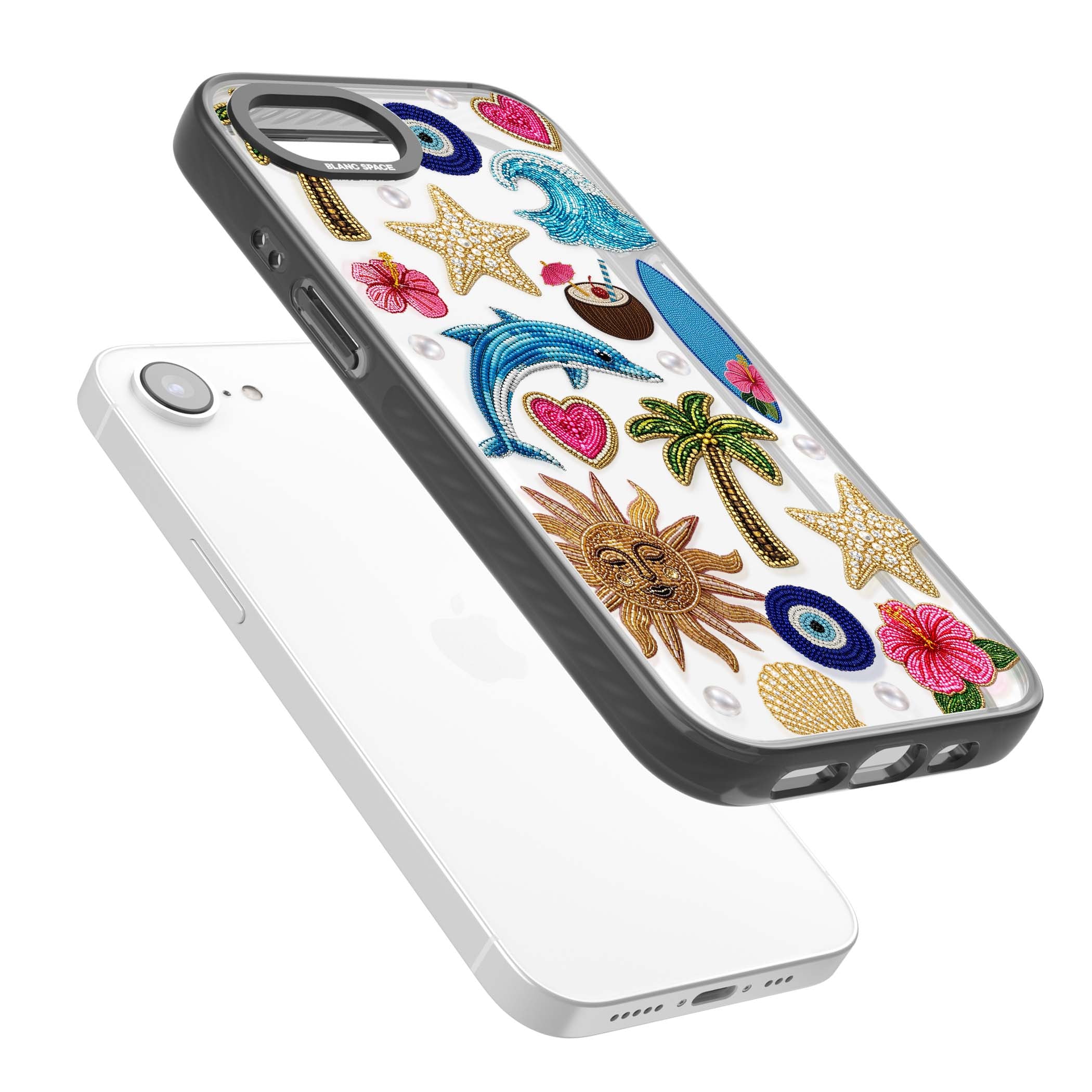 Beaded Beach coastal summer iPhone case featuring embroidered evil eye, hibiscus flowers, dolphin and palm tree patches | Black Impact case for iPhone 16e, iPhone 17e