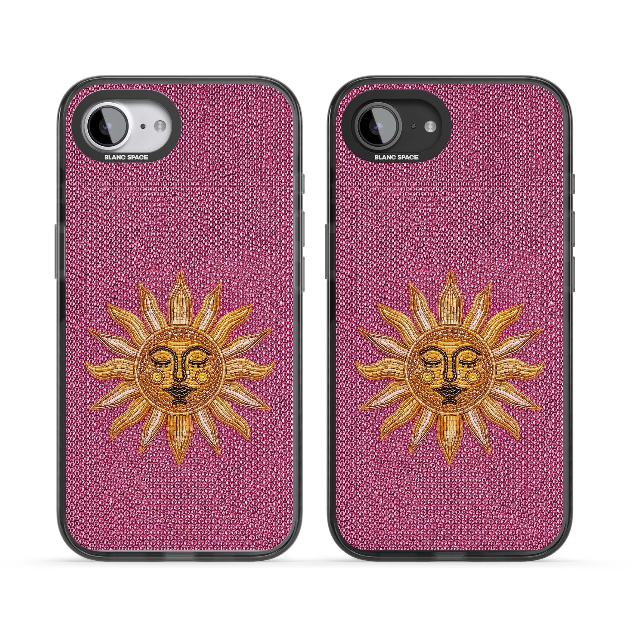 Beaded Sun celestial iPhone case featuring a golden beaded sun face with radiant rays on hot pink beaded background | Black Impact case for iPhone 16e, iPhone 17e