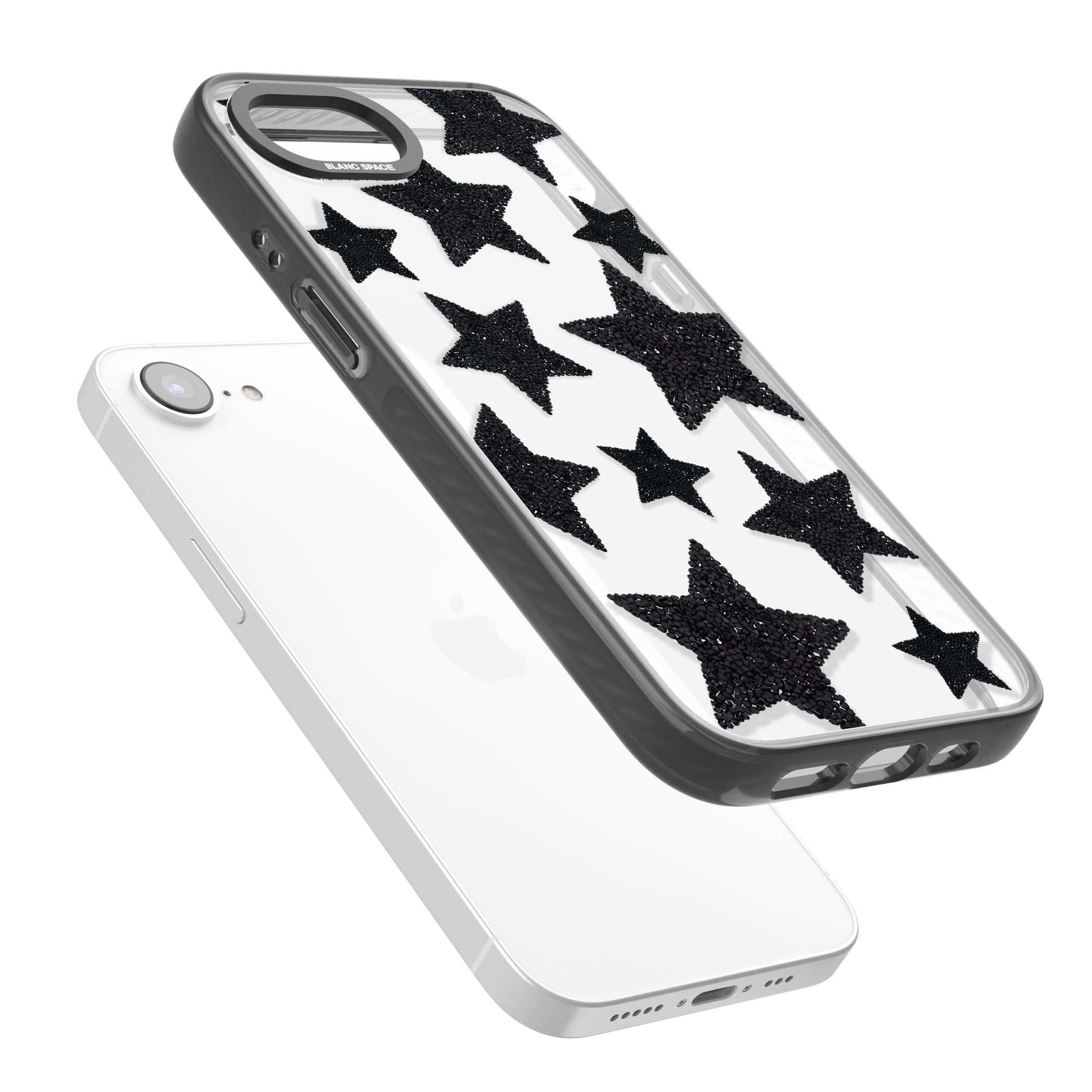 Beaded Black Stars celestial iPhone case featuring black glitter beaded stars scattered on a clear background | Black Impact case for iPhone 16e, iPhone 17e