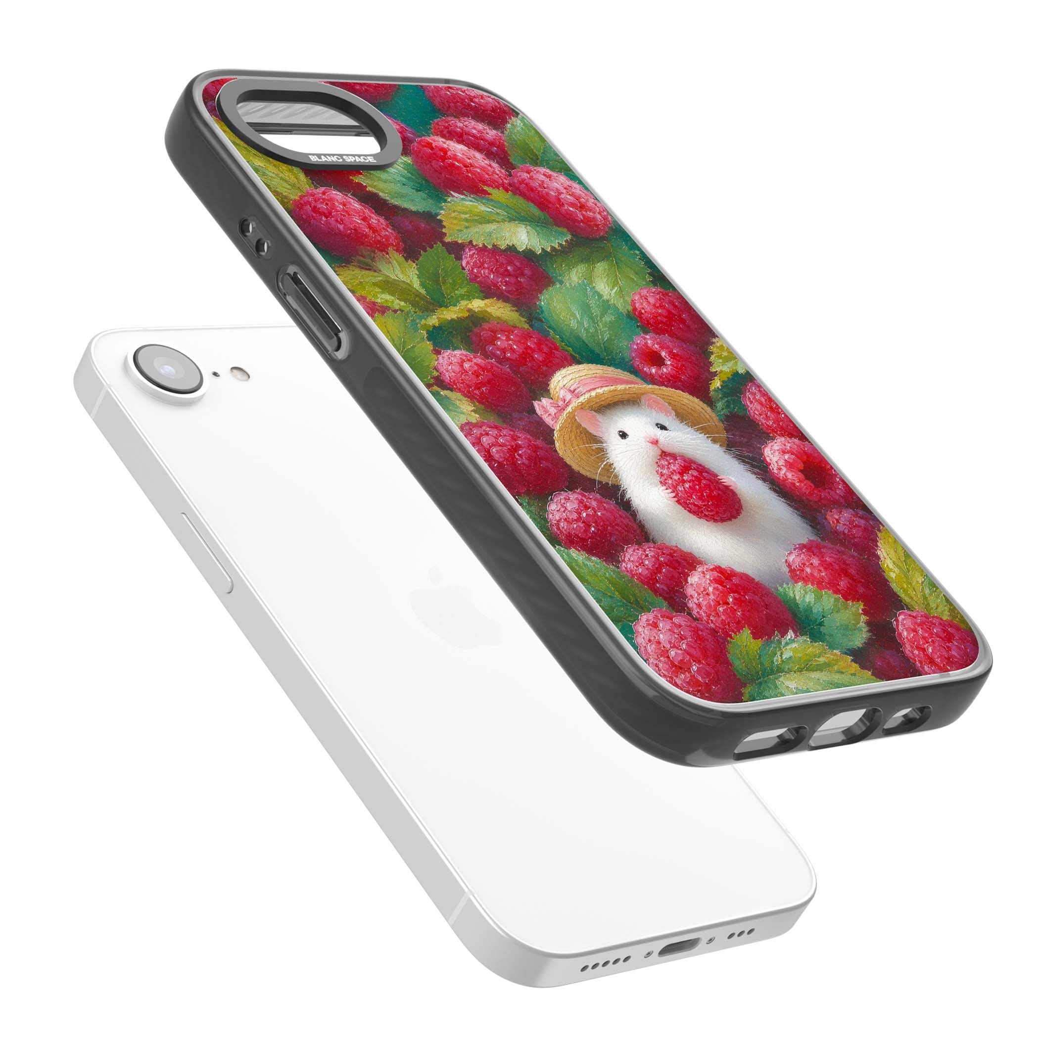 Berry Forager cottagecore iPhone case featuring a white hamster in a straw hat holding a raspberry surrounded by ripe ber | Black Impact case for iPhone 16e, iPhone 17e