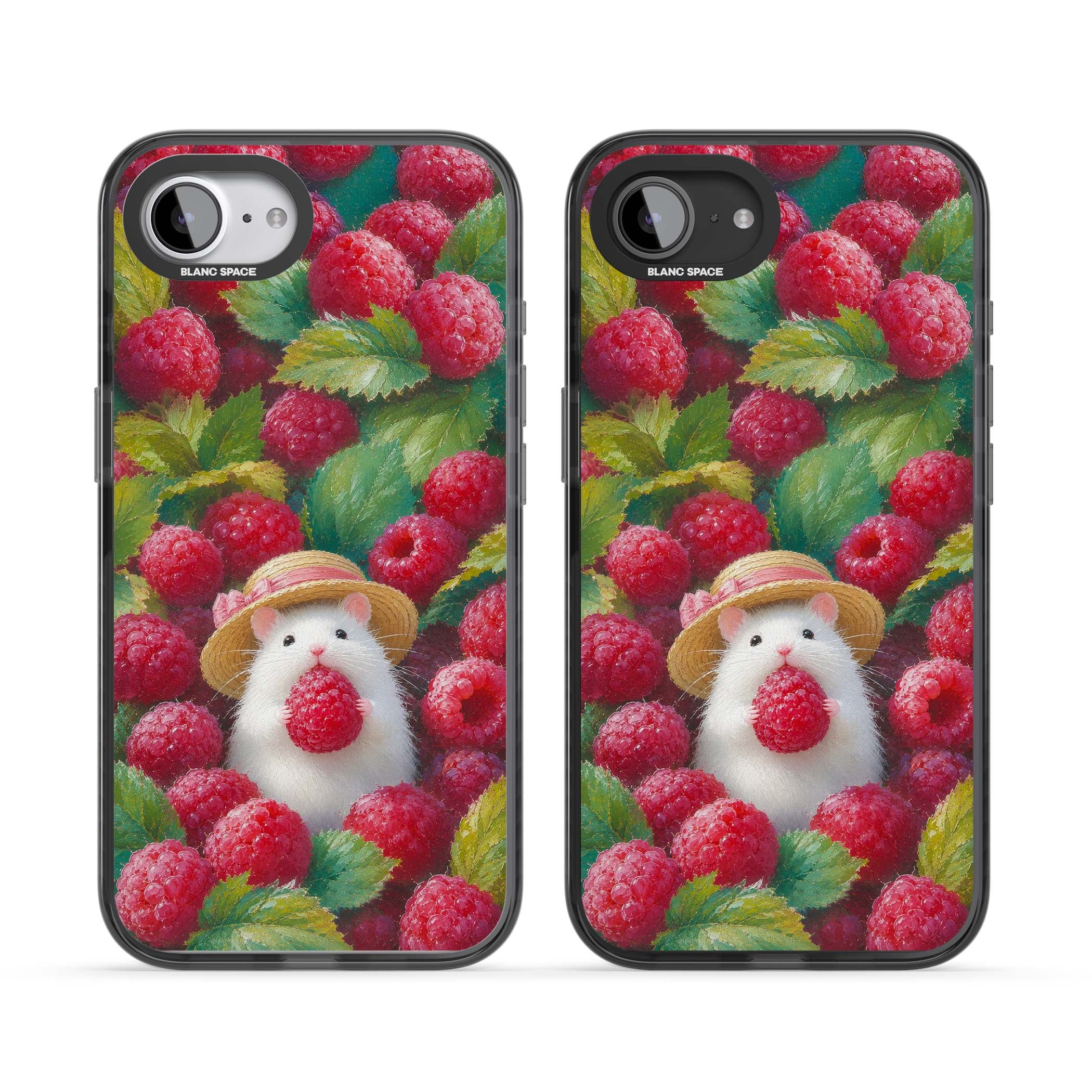 Berry Forager cottagecore iPhone case featuring a white hamster in a straw hat holding a raspberry surrounded by ripe ber | Black Impact case for iPhone 16e, iPhone 17e
