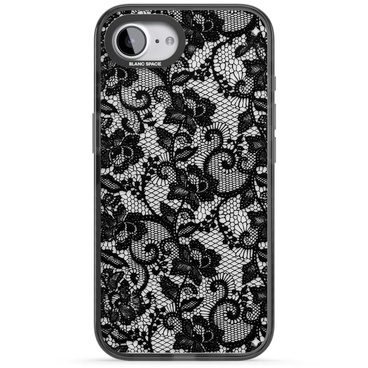 Black Lace gothic iPhone case featuring intricate black floral lace pattern with vintage whimsigoth detail | Black Impact case for iPhone 16e, iPhone 17e