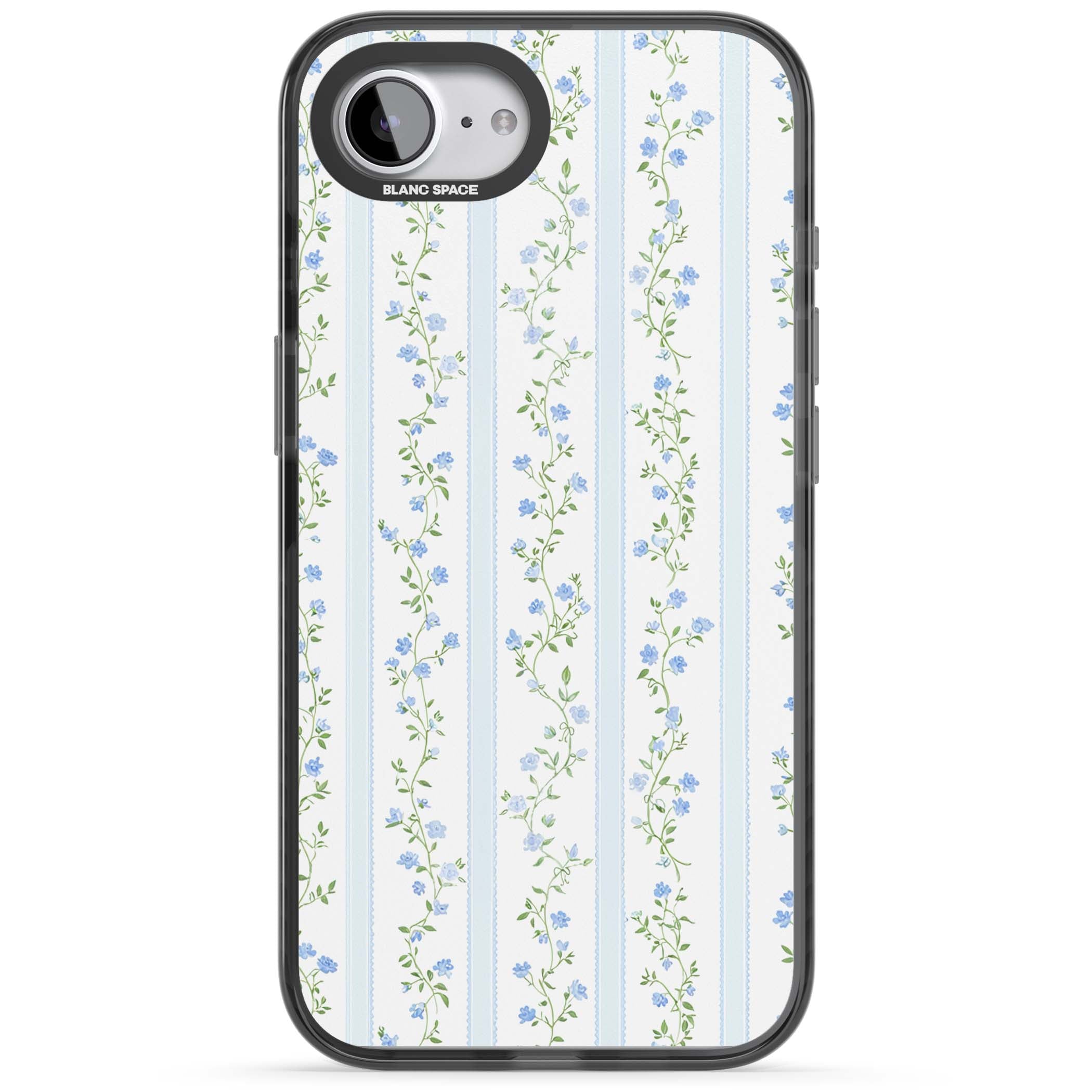Bluebell Vine cottagecore iPhone case featuring climbing blue roses, trailing green vines, and pale ticking stripes | Black Impact case for iPhone 16e, iPhone 17e