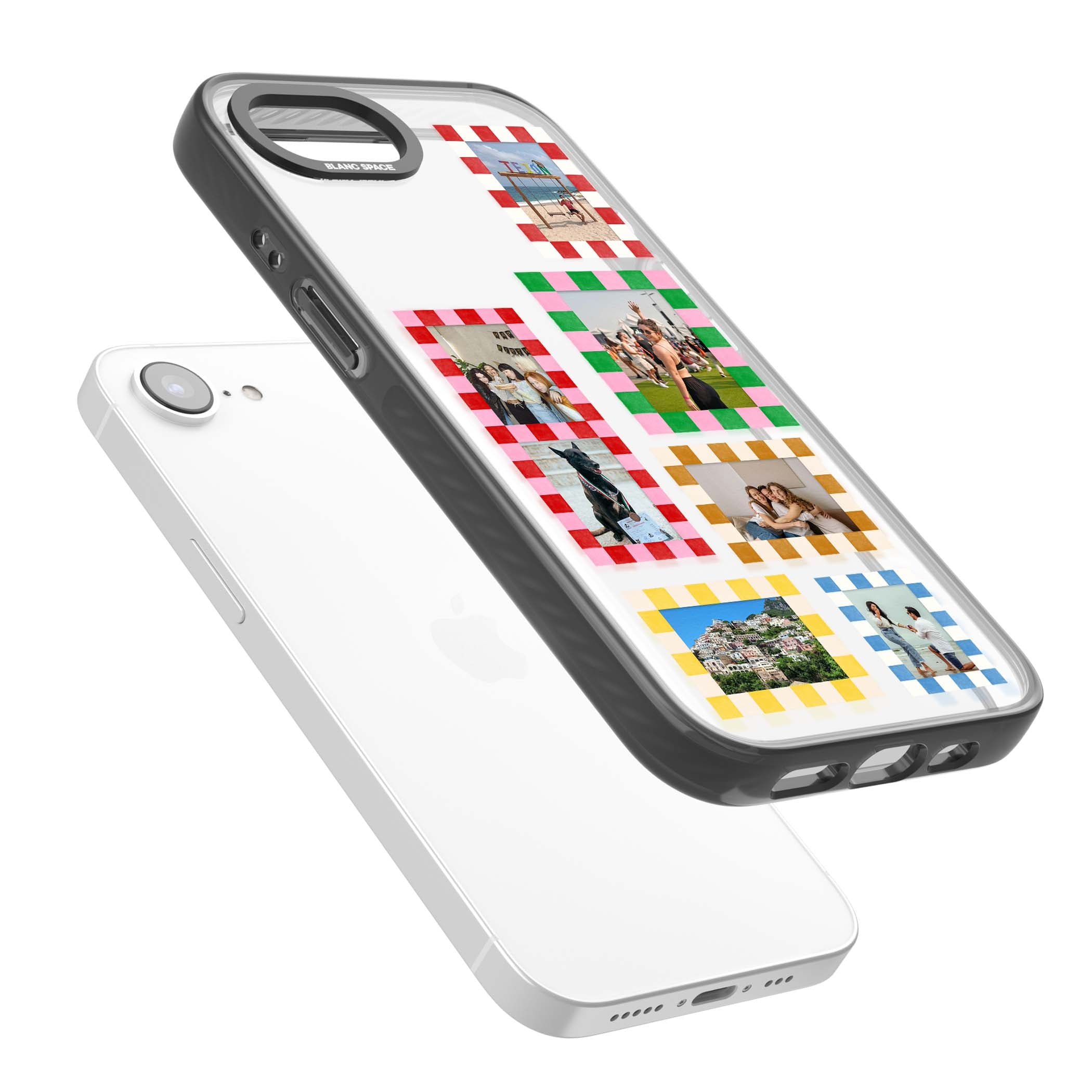 Italian Check Frames custom photo collage iPhone case featuring six checkered photo frames in red, green, pink and  | Black Impact case for iPhone 16e, iPhone 17e
