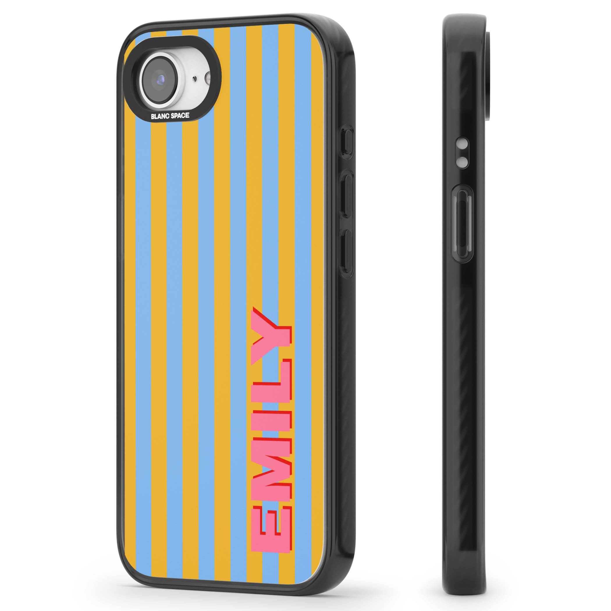 Carribean Stripe personalised coastal iPhone case with yellow and blue vertical stripes and a custom pink name | Black Impact case for iPhone 16e, iPhone 17e