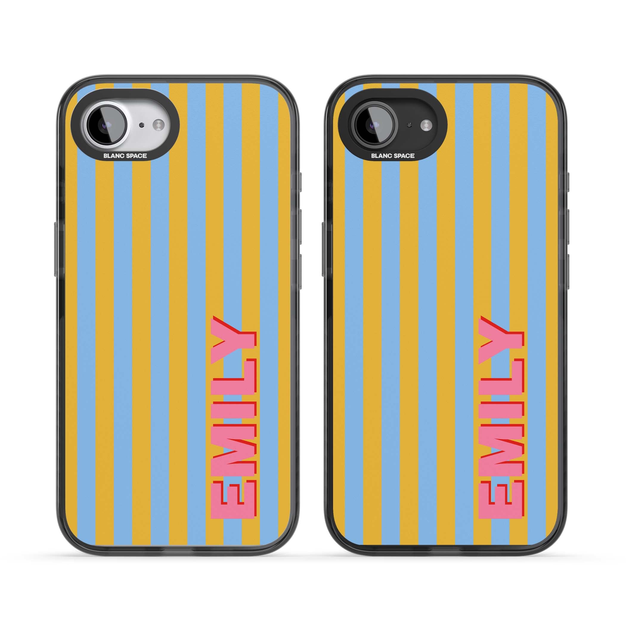Carribean Stripe personalised coastal iPhone case with yellow and blue vertical stripes and a custom pink name | Black Impact case for iPhone 16e, iPhone 17e