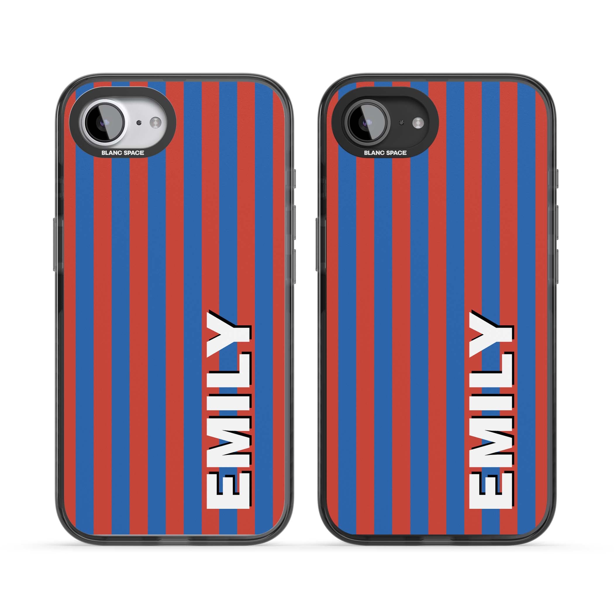 Cuban Stripe personalised iPhone case featuring red and blue vertical stripes with custom name in bold white letters | Black Impact case for iPhone 16e, iPhone 17e